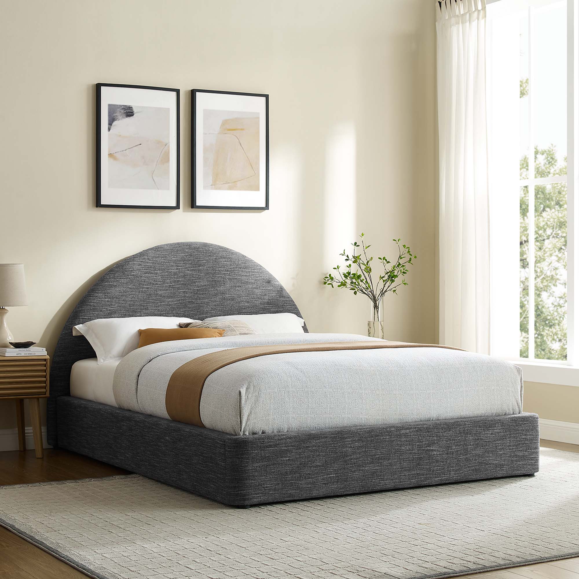 Resort Upholstered Fabric Arched Round Full Platform Bed - Heathered Weave Slate
