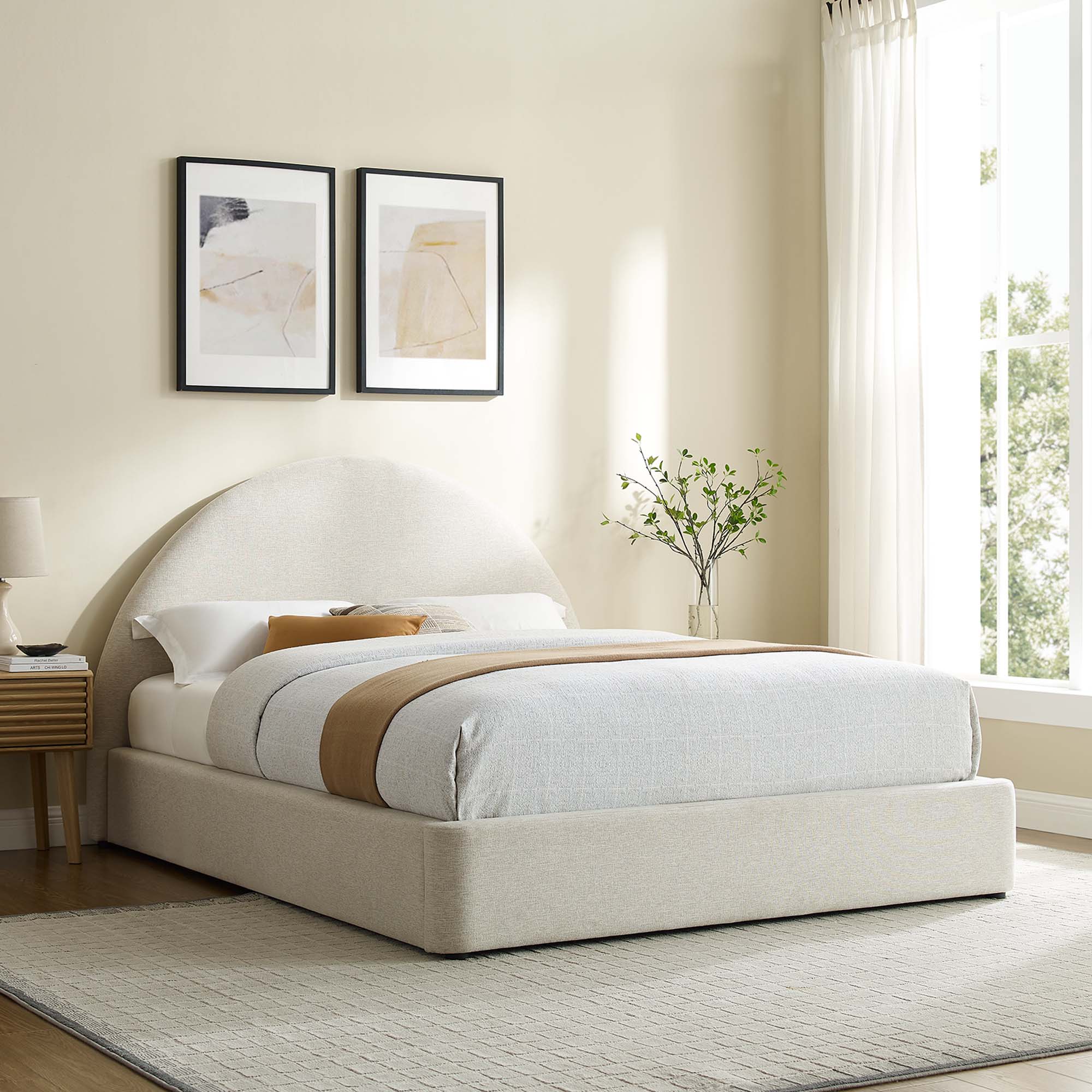 Resort Upholstered Fabric Arched Round King Platform Bed - Heathered Weave Ivory
