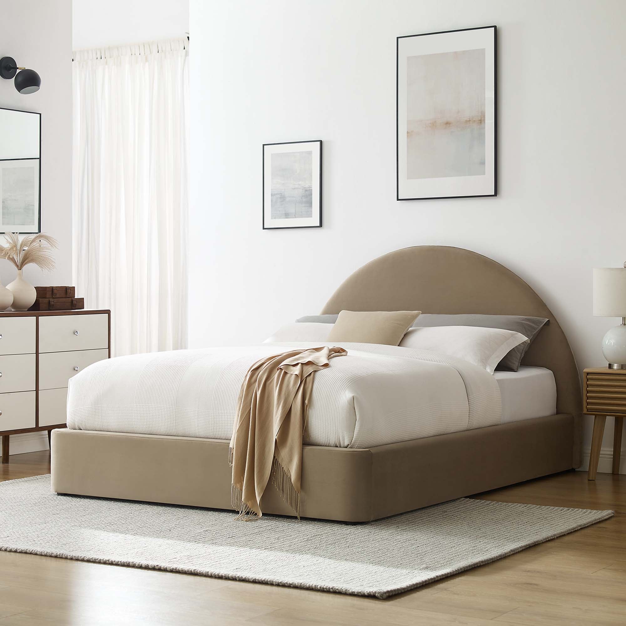 Resort Performance Velvet Arched Round King Platform Bed - Taupe