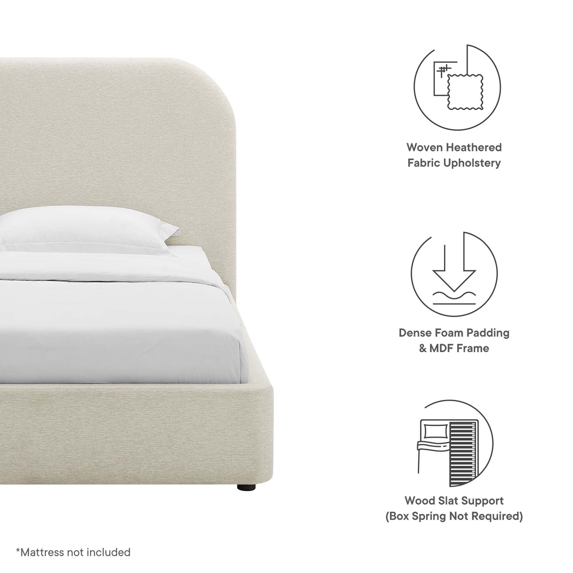 Keynote Upholstered Fabric Curved Twin Platform Bed - Heathered Weave Ivory