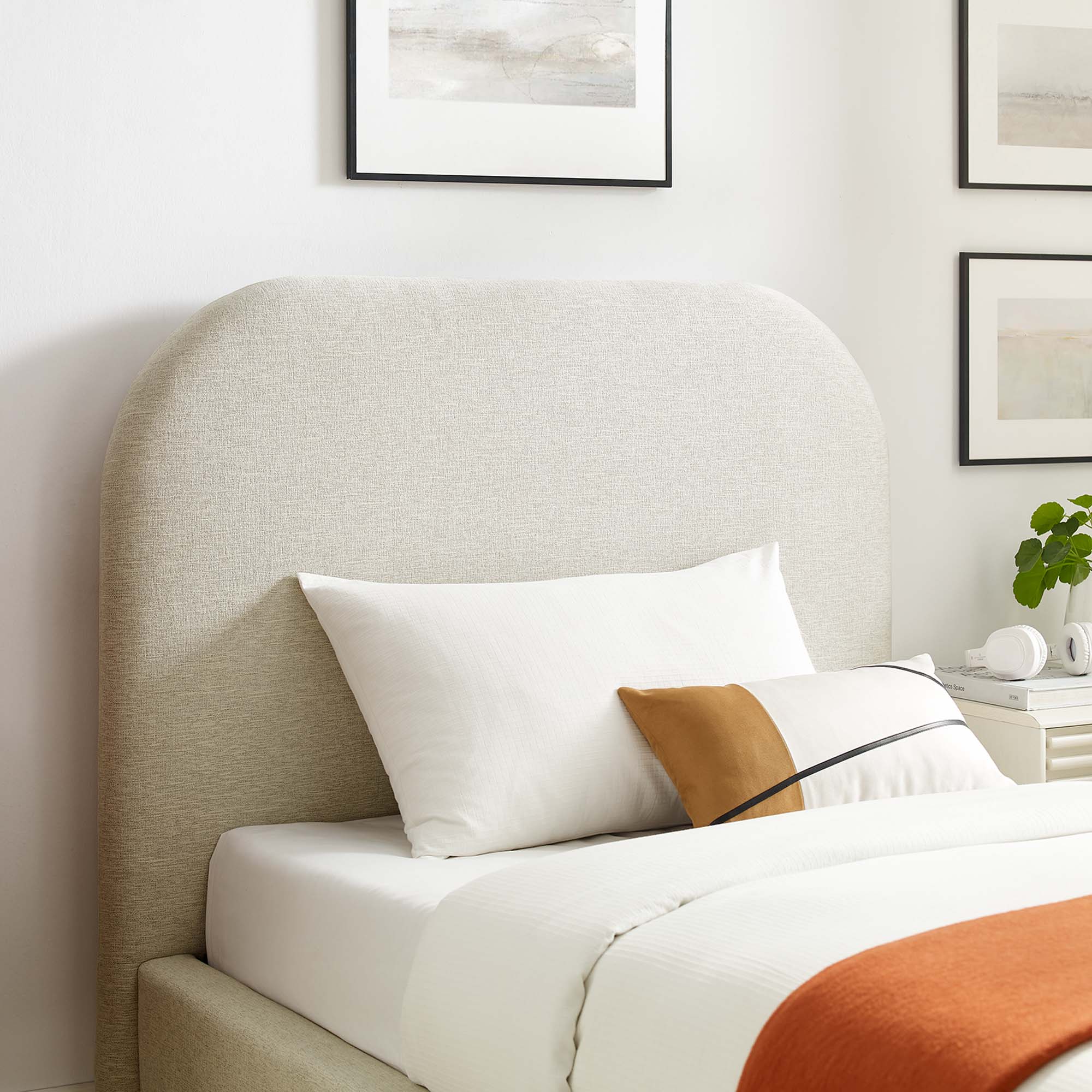 Keynote Upholstered Fabric Curved Twin Platform Bed - Heathered Weave Ivory