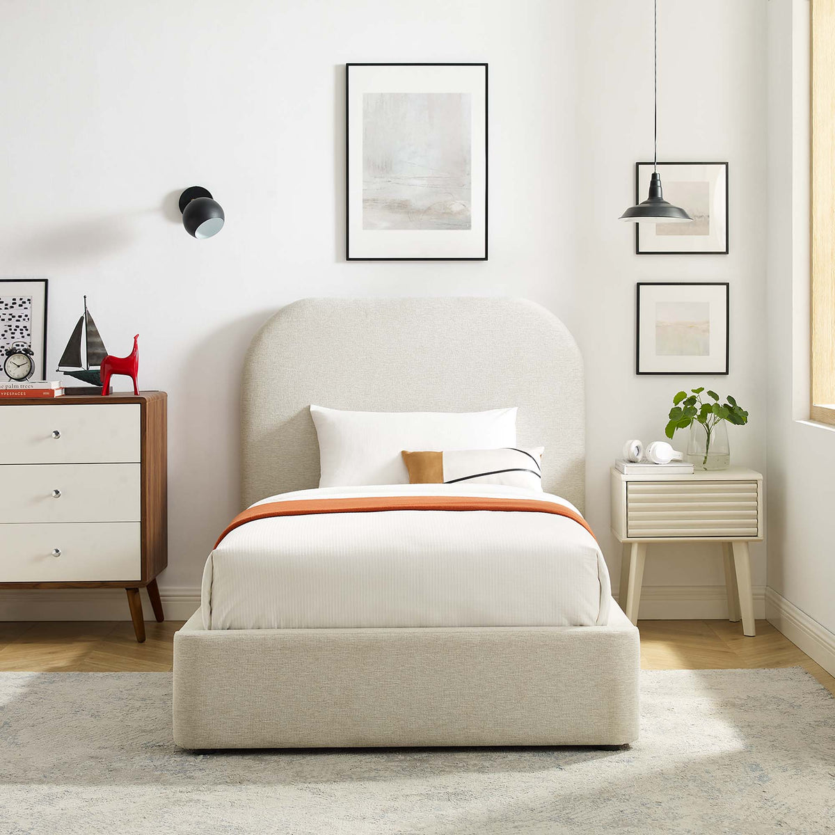 Keynote Upholstered Fabric Curved Twin Platform Bed - Heathered Weave Ivory