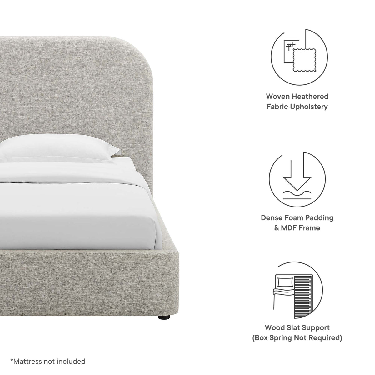Keynote Upholstered Fabric Curved Twin Platform Bed - Heathered Weave Light Gray