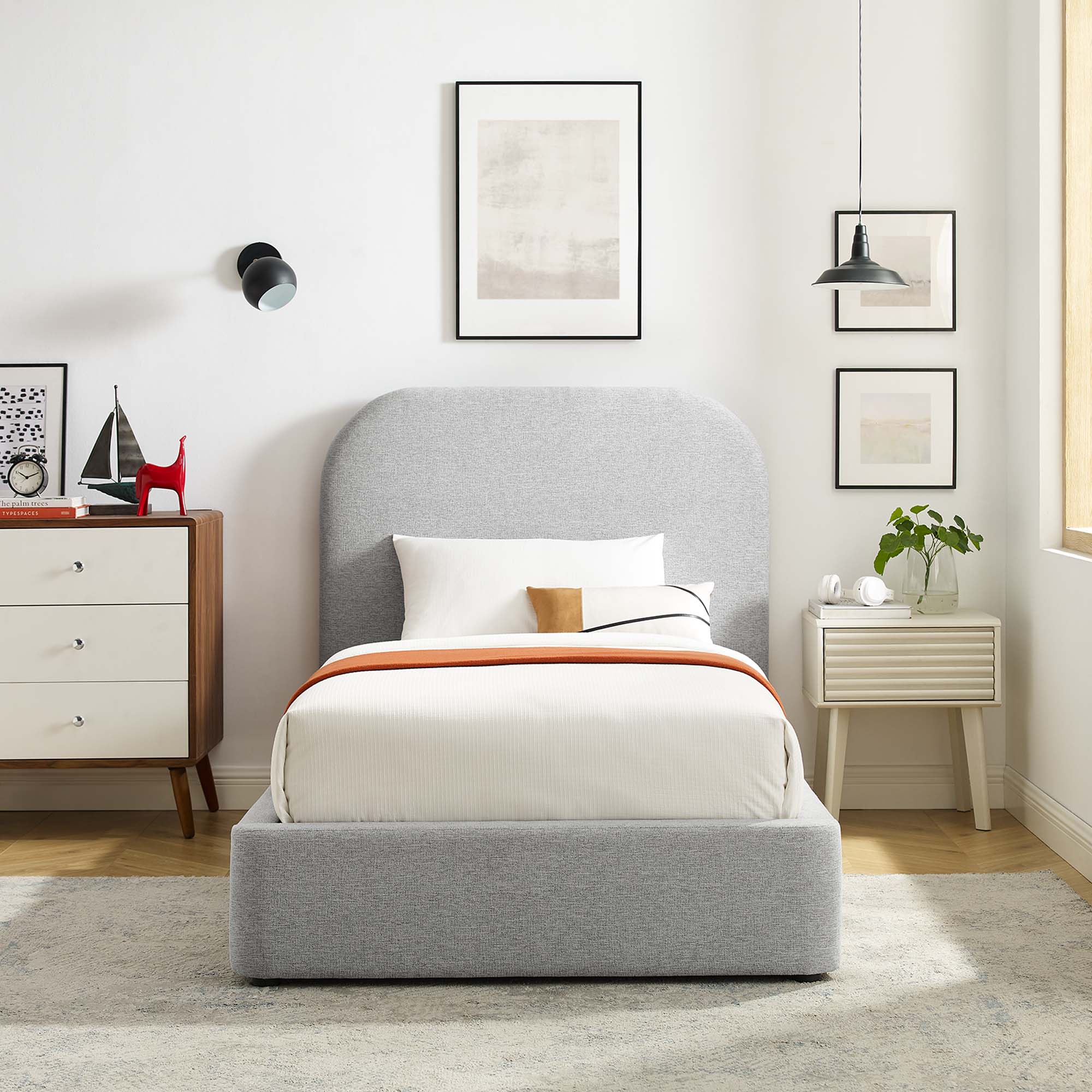 Keynote Upholstered Fabric Curved Twin Platform Bed - Heathered Weave Light Gray