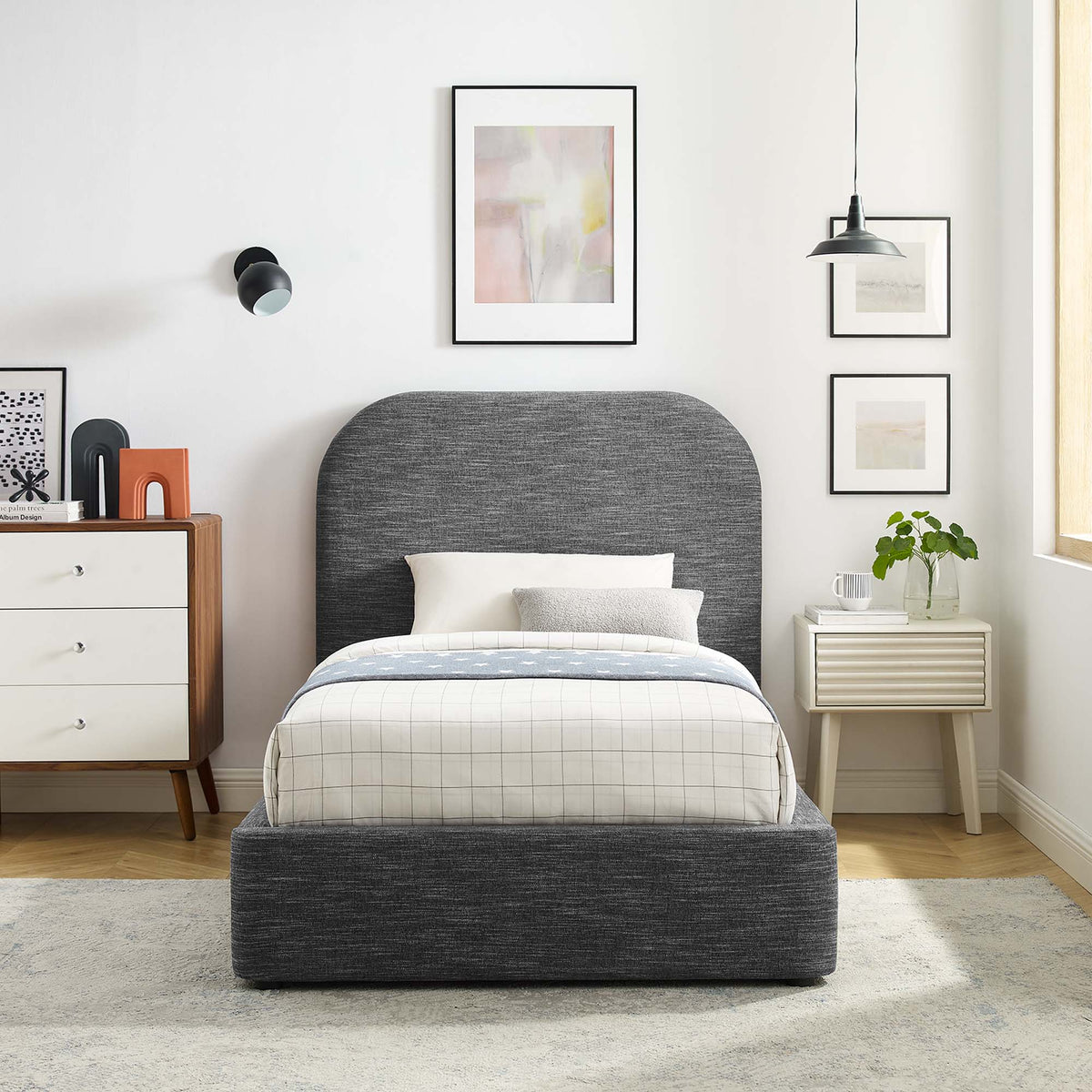 Keynote Upholstered Fabric Curved Twin Platform Bed - Heathered Weave Slate