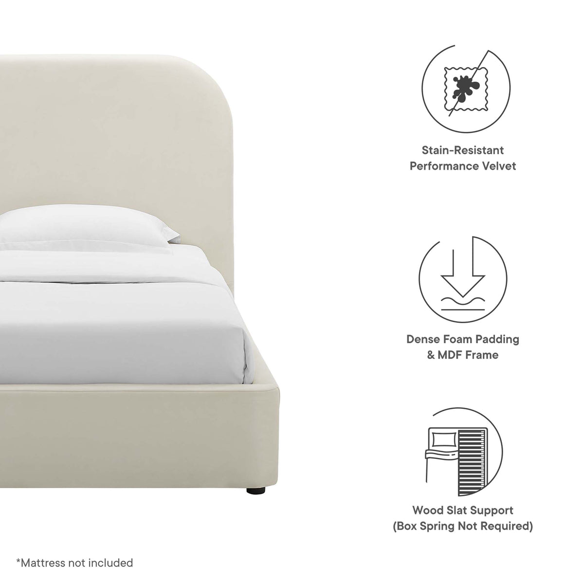 Keynote Performance Velvet Curved Twin Platform Bed - Alabaster