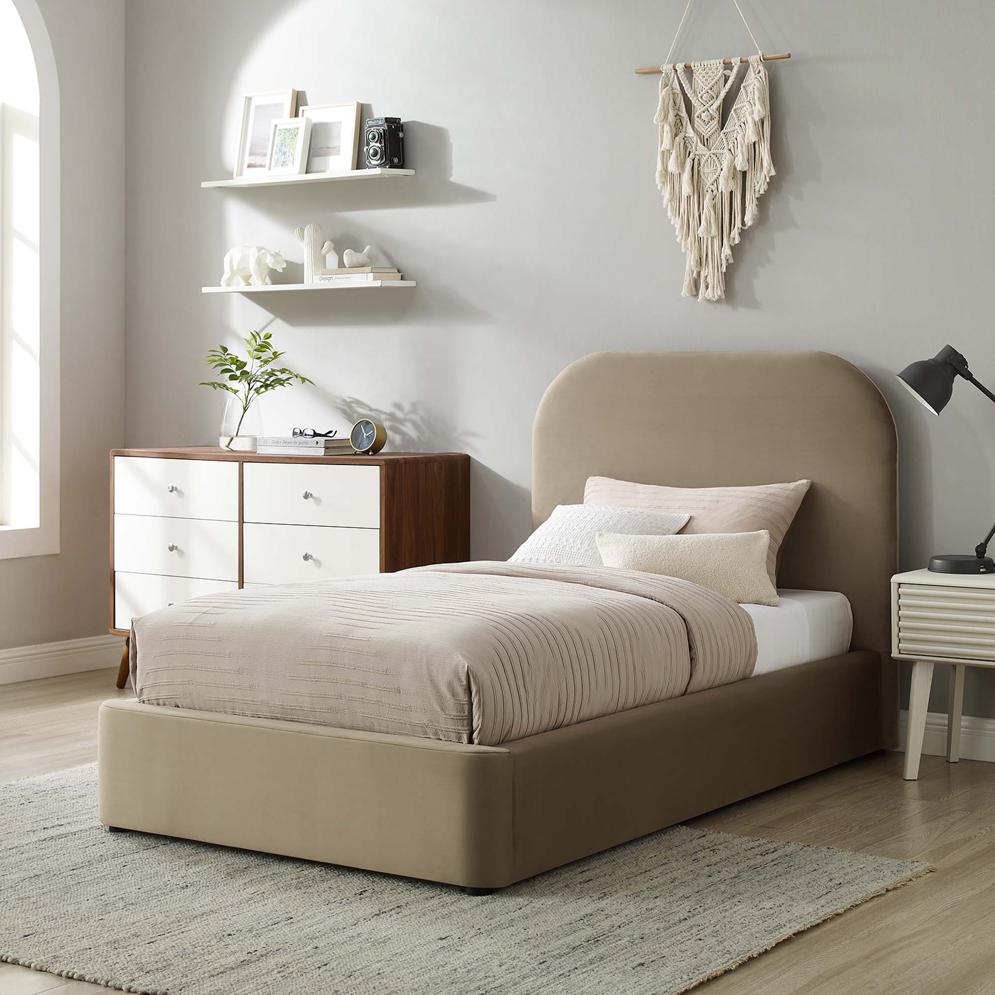 Keynote Performance Velvet Curved Twin Platform Bed - Taupe