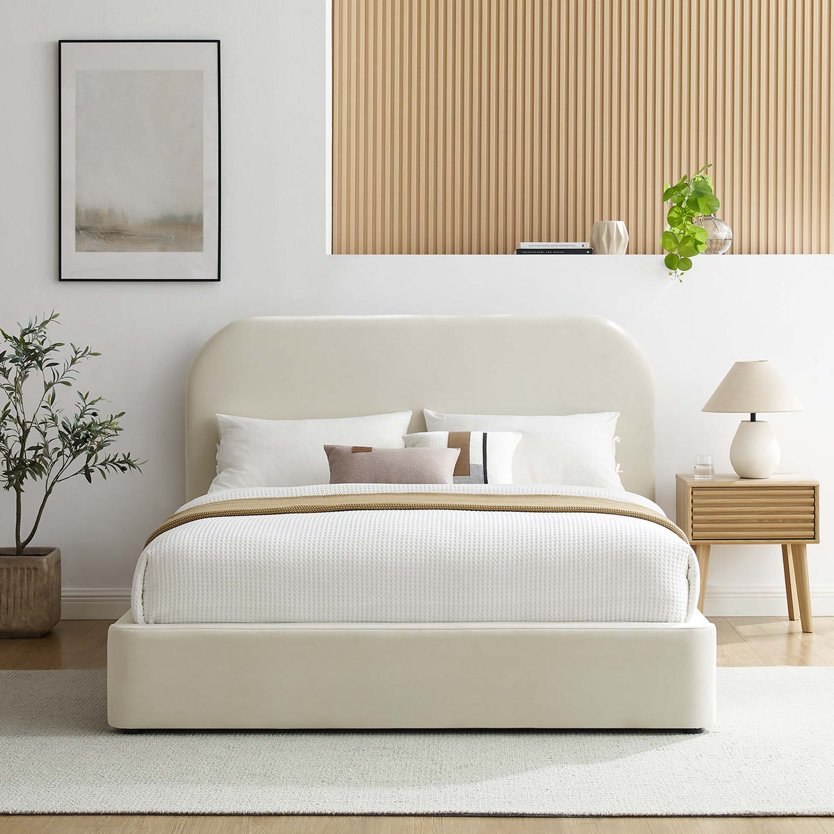 Keynote Performance Velvet Curved Full Platform Bed - Alabaster