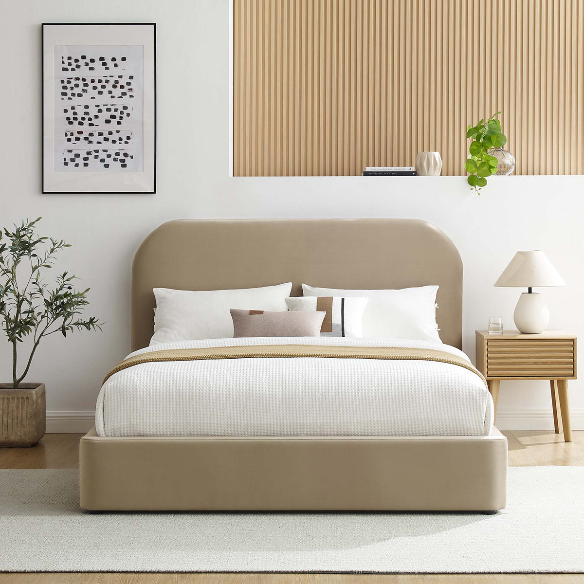 Keynote Performance Velvet Curved Full Platform Bed - Taupe