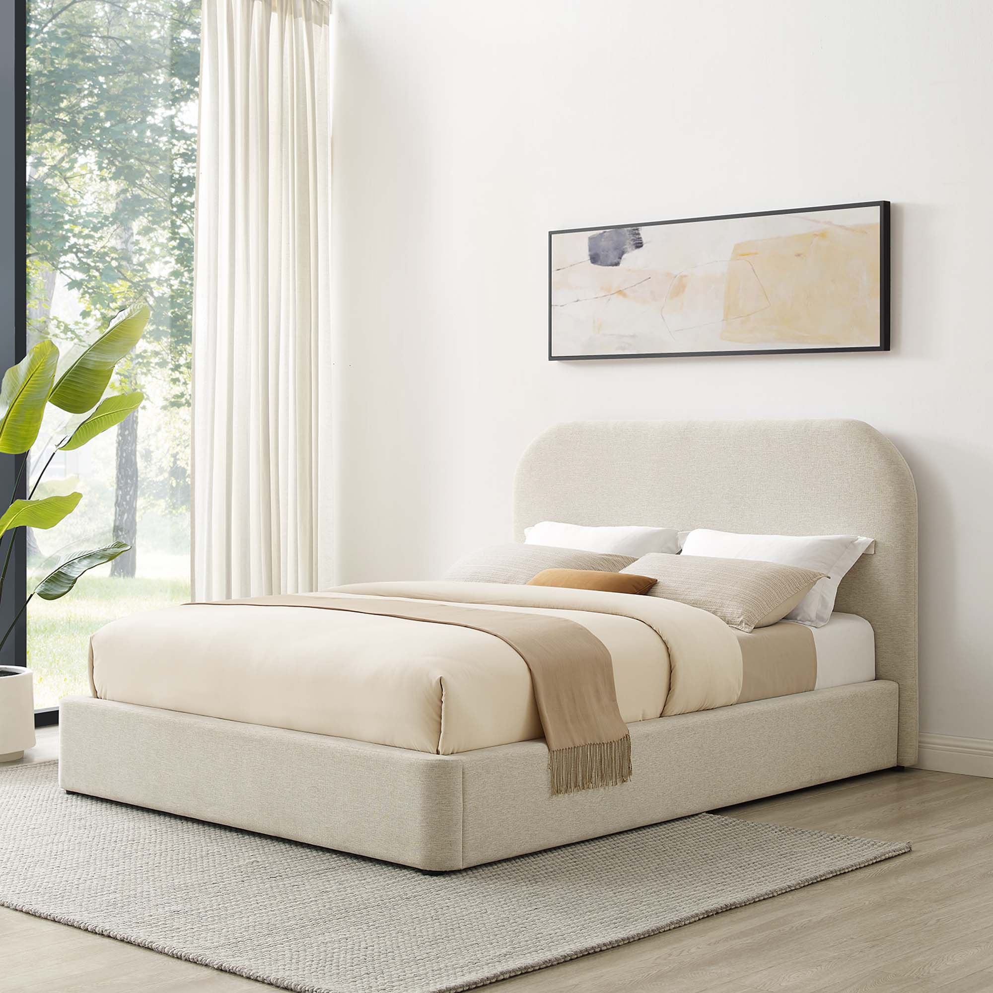 Keynote Upholstered Fabric Curved Queen Platform Bed - Heathered Weave Ivory