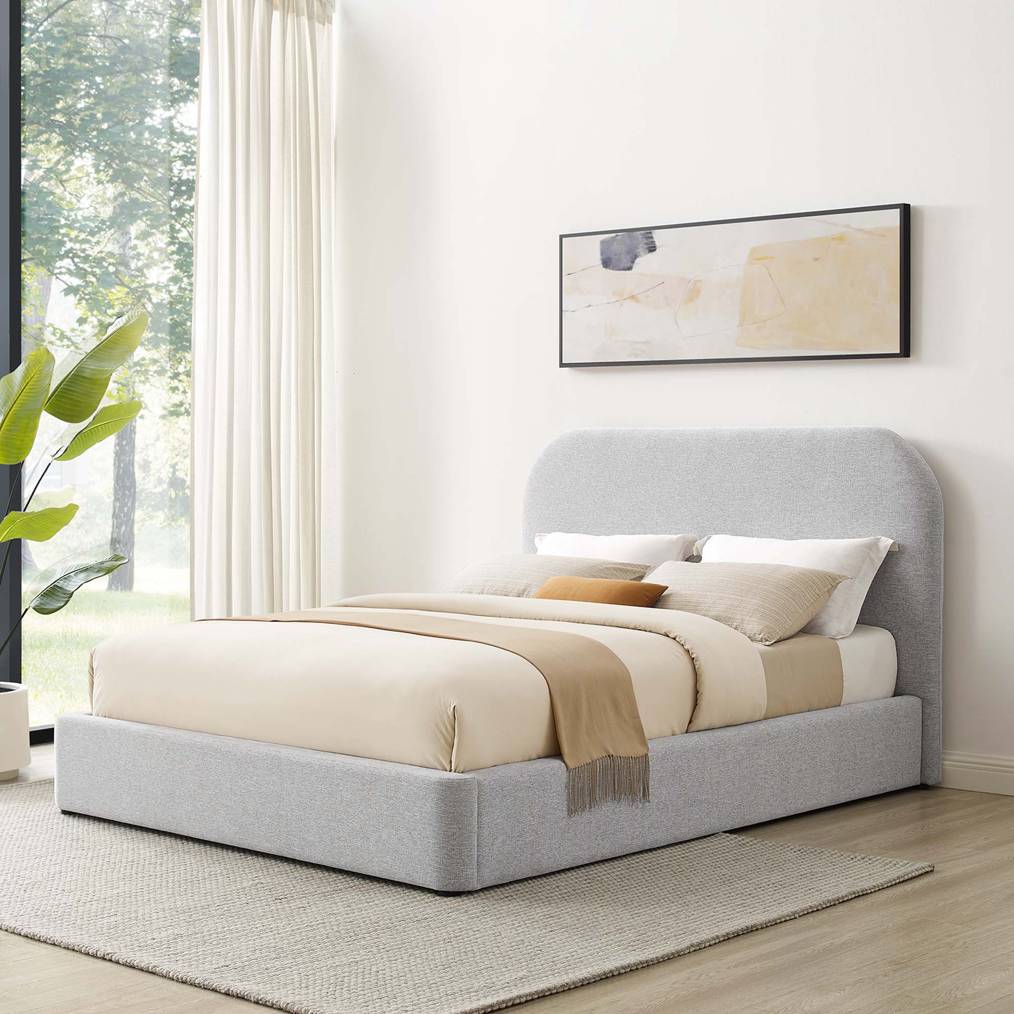 Keynote Upholstered Fabric Curved Queen Platform Bed - Heathered Weave Light Gray