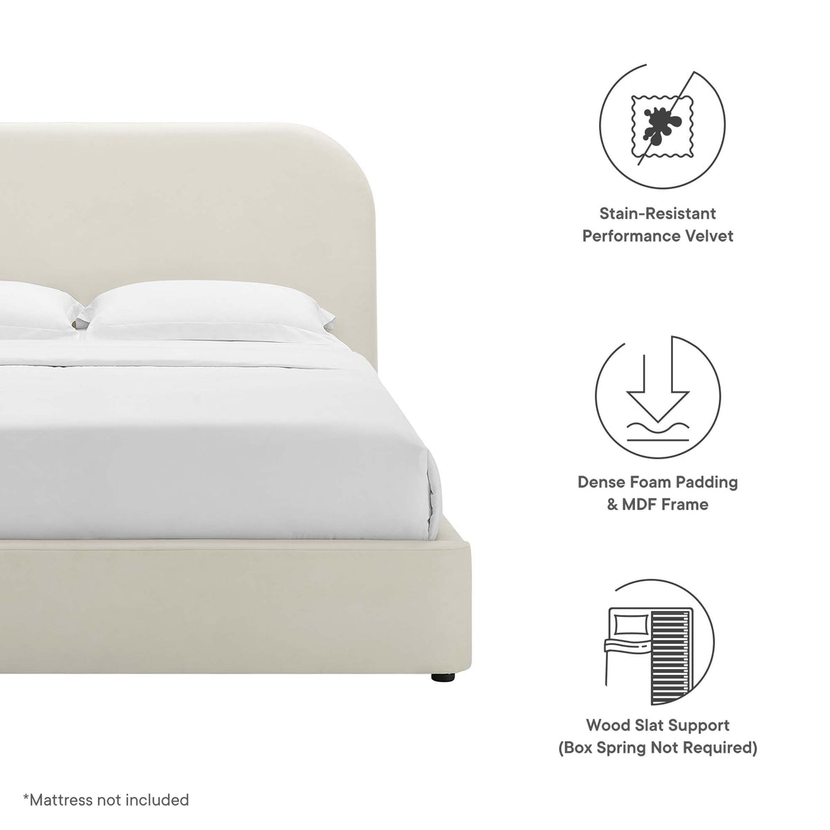 Keynote Performance Velvet Curved Queen Platform Bed - Alabaster