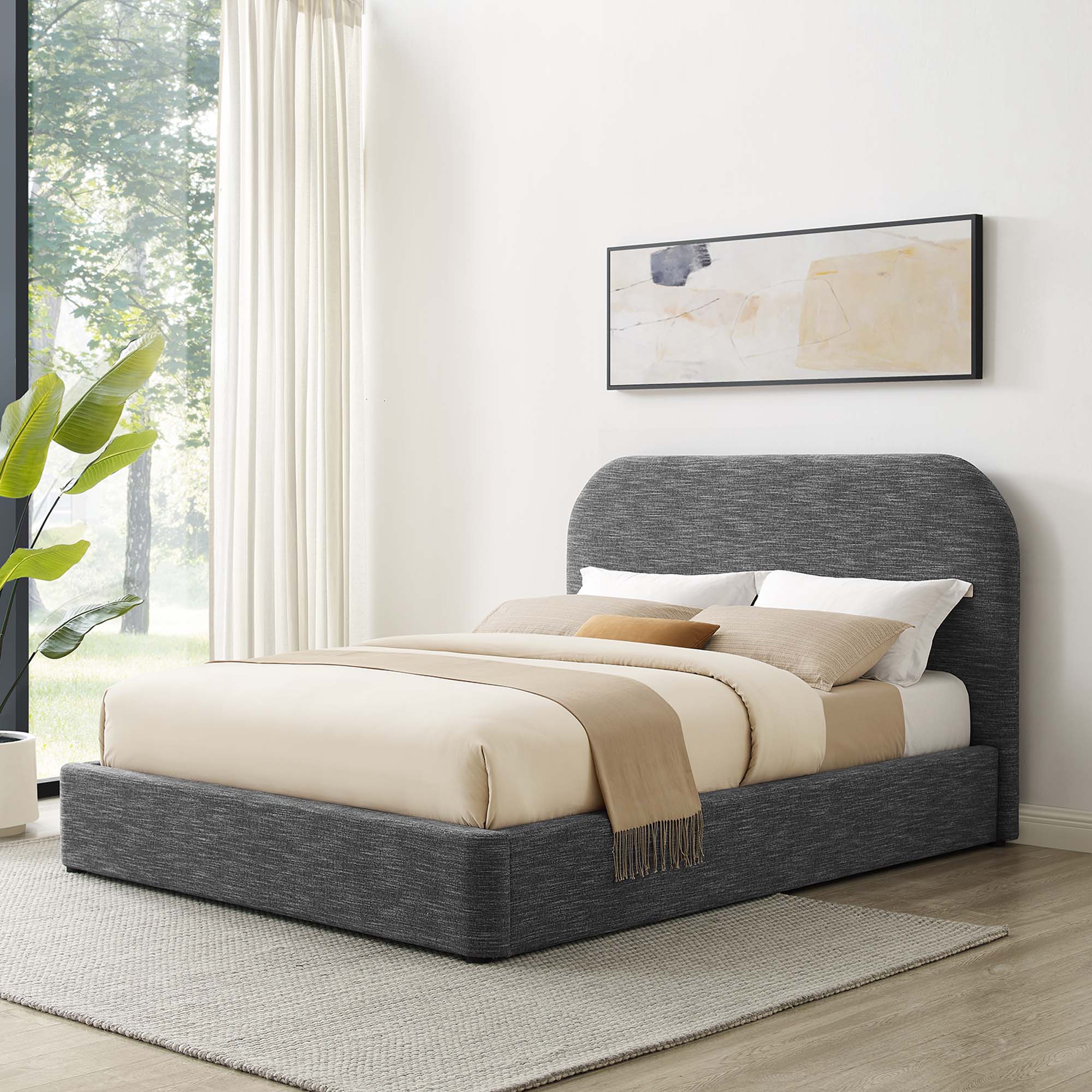 Keynote Upholstered Fabric Curved King Platform Bed - Heathered Weave Slate