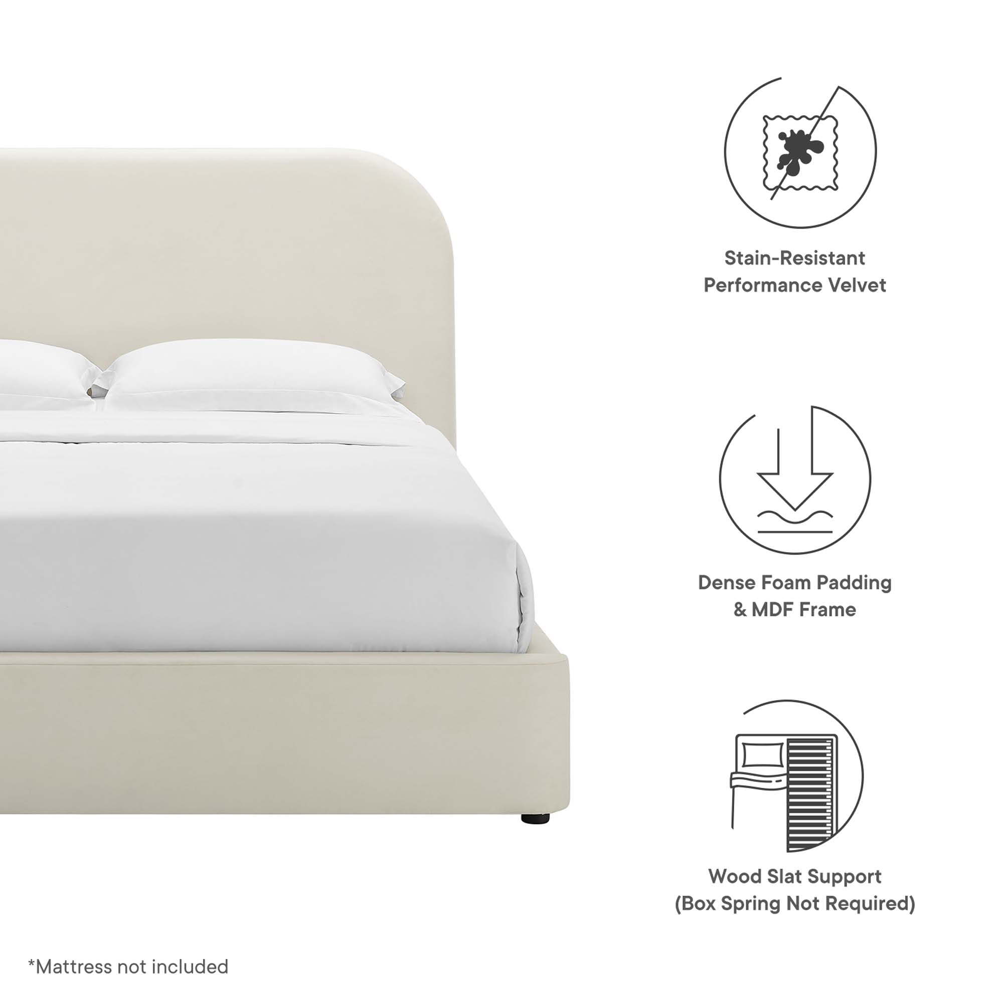 Keynote Performance Velvet Curved King Platform Bed - Alabaster