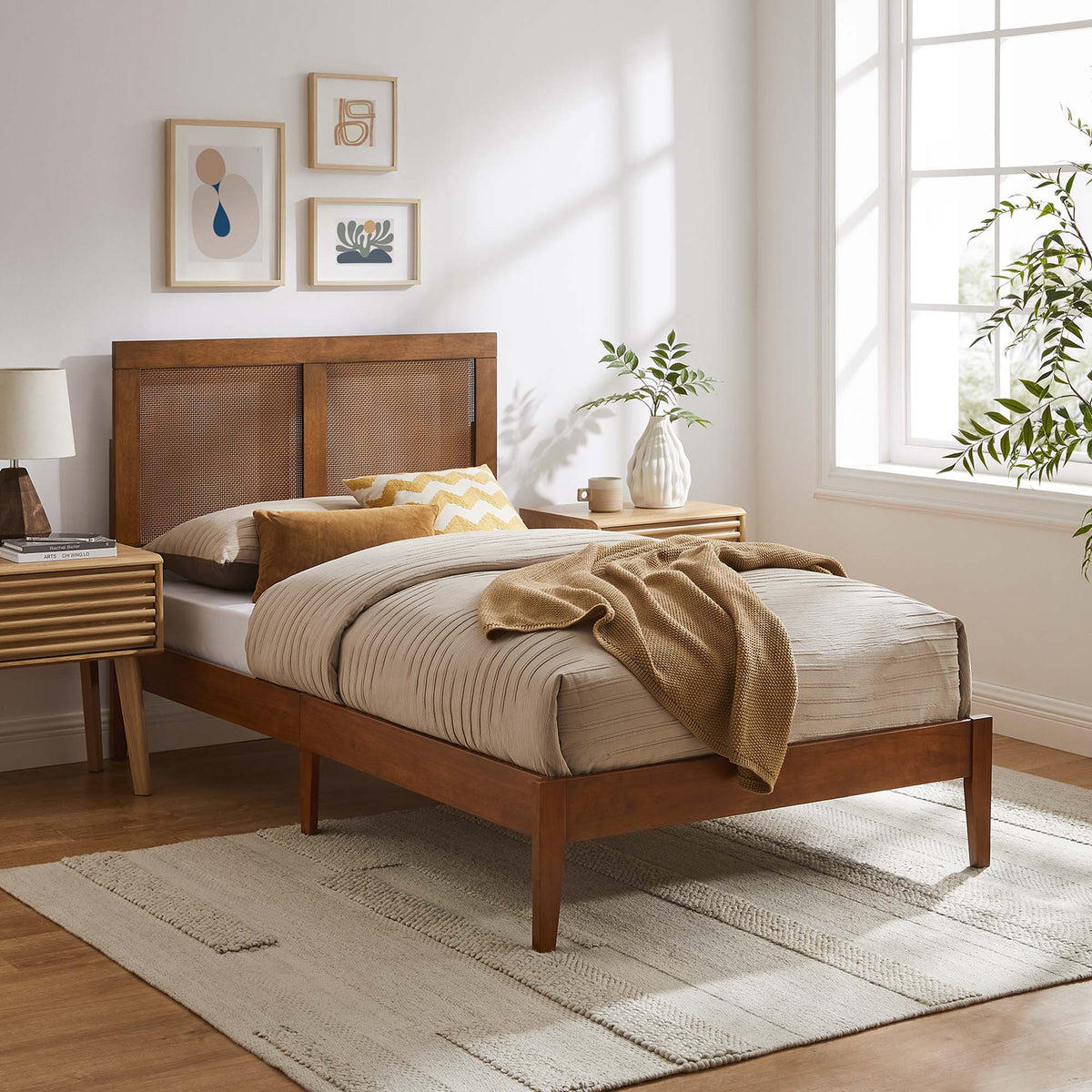 Sirocco Rattan and Wood Twin Platform Bed - Walnut