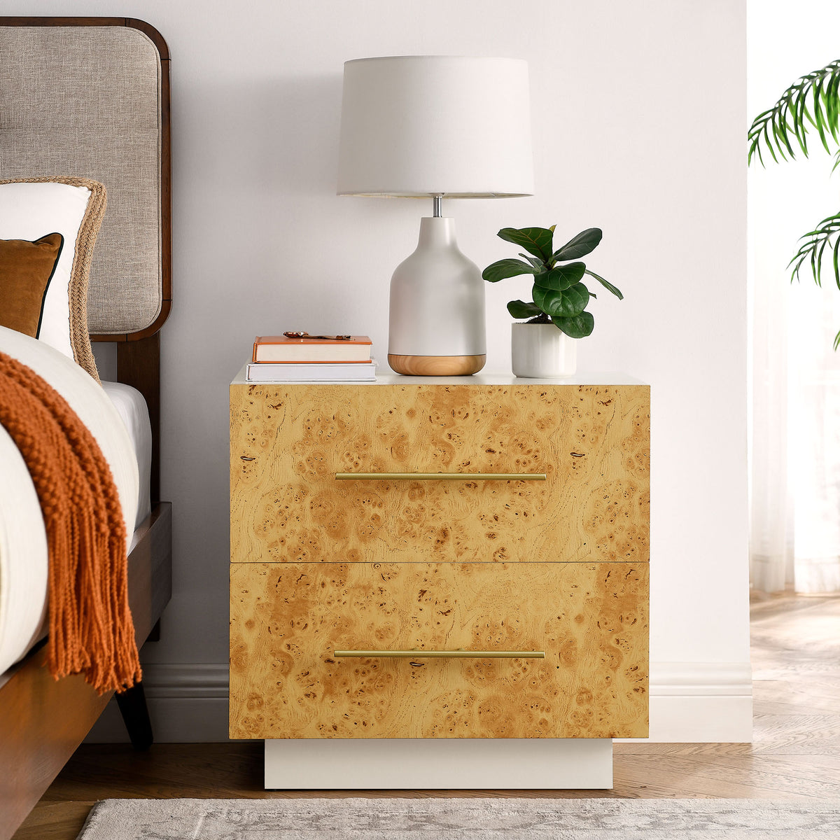 Abel 2-Drawer Burl Wood Nightstand - White Bleached Burl