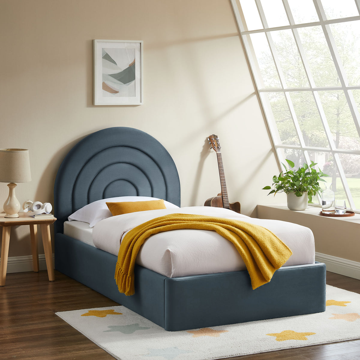 Solana Arched Performance Velvet Twin Platform Bed - Cadet Blue