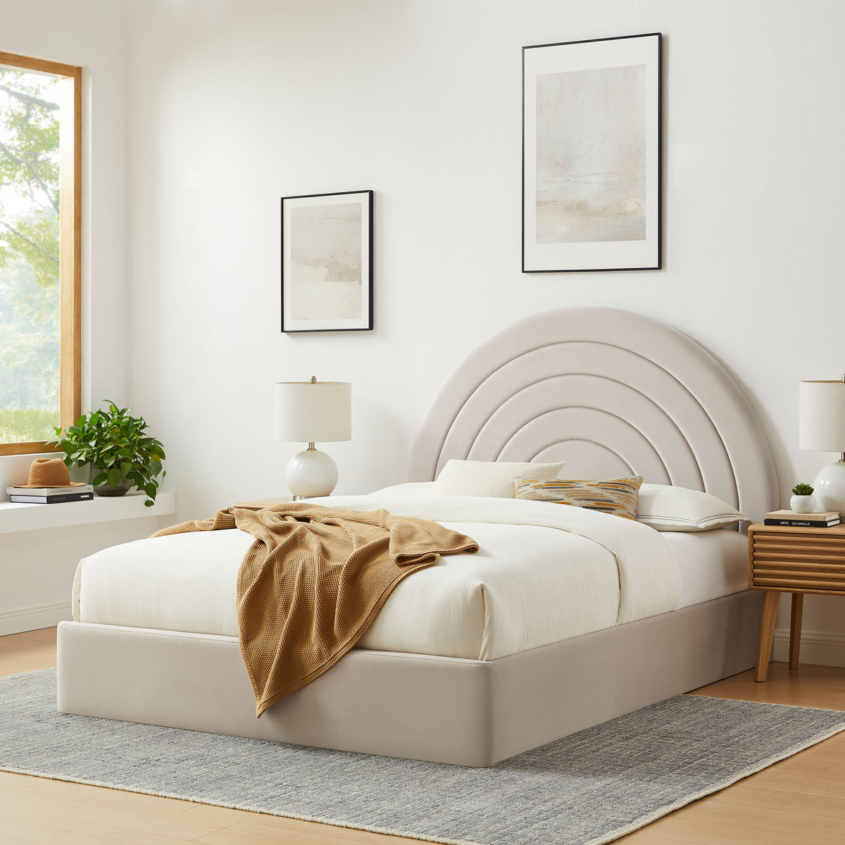 Solana Arched Performance Velvet Queen Platform Bed - Almond