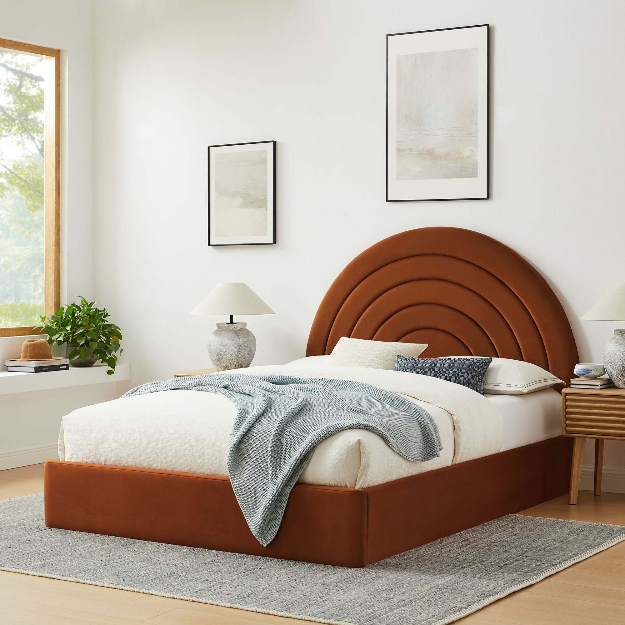Solana Arched Performance Velvet Queen Platform Bed - Rust