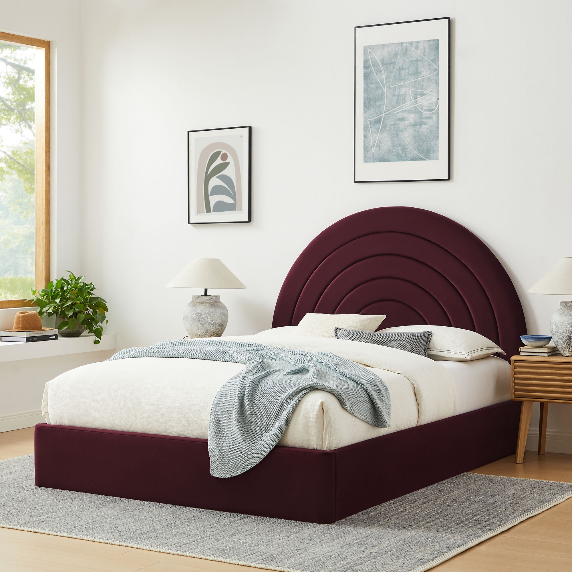 Solana Arched Performance Velvet King Platform Bed - Mulberry