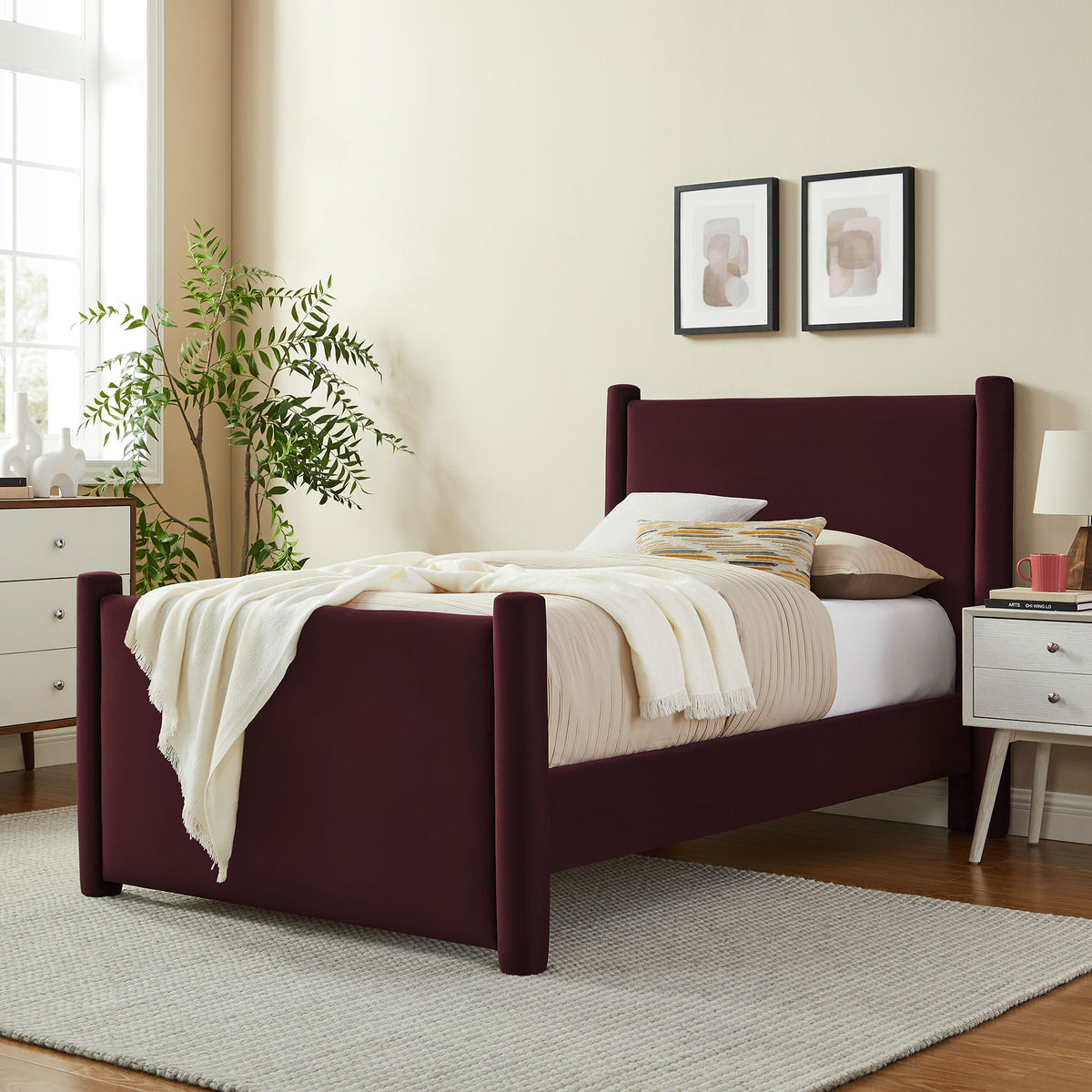Rael Performance Velvet Twin Platform Bed - Mulberry