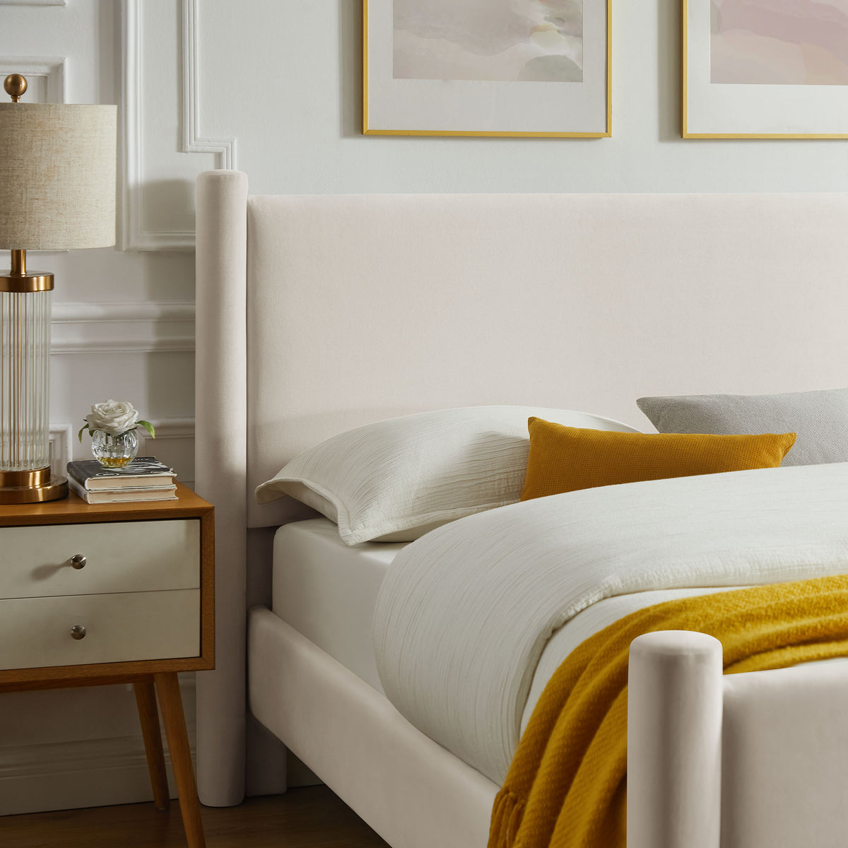 Rael Performance Velvet Queen Platform Bed - Alabaster