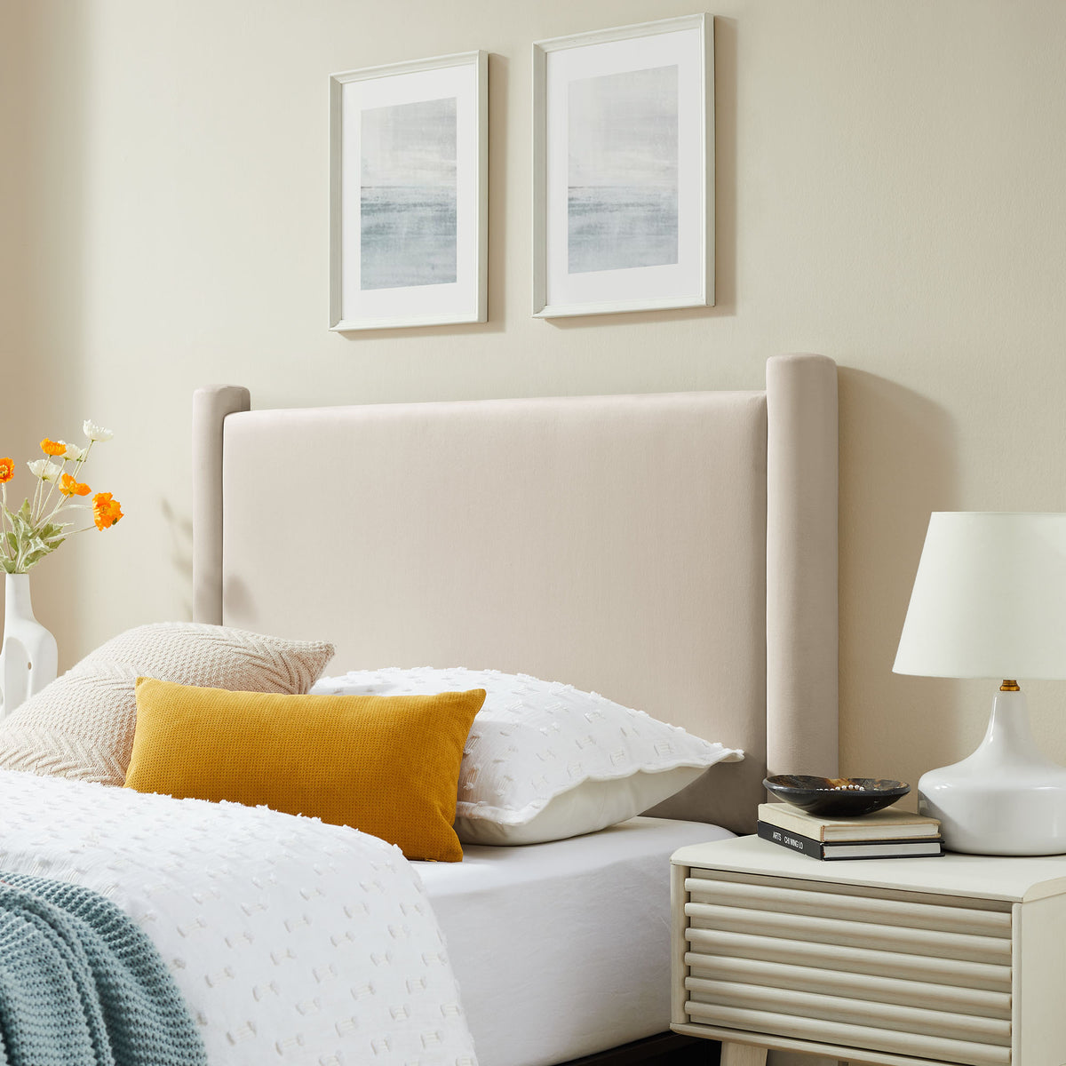 Rael Performance Velvet Twin Headboard - Alabaster