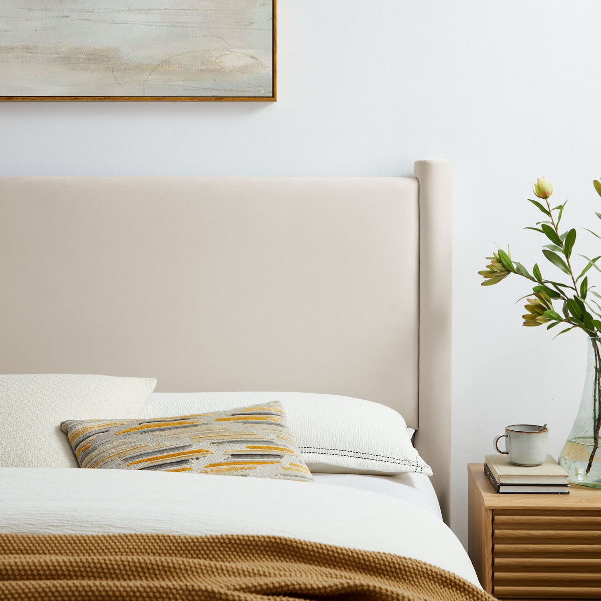 Rael Performance Velvet Queen Headboard - Alabaster