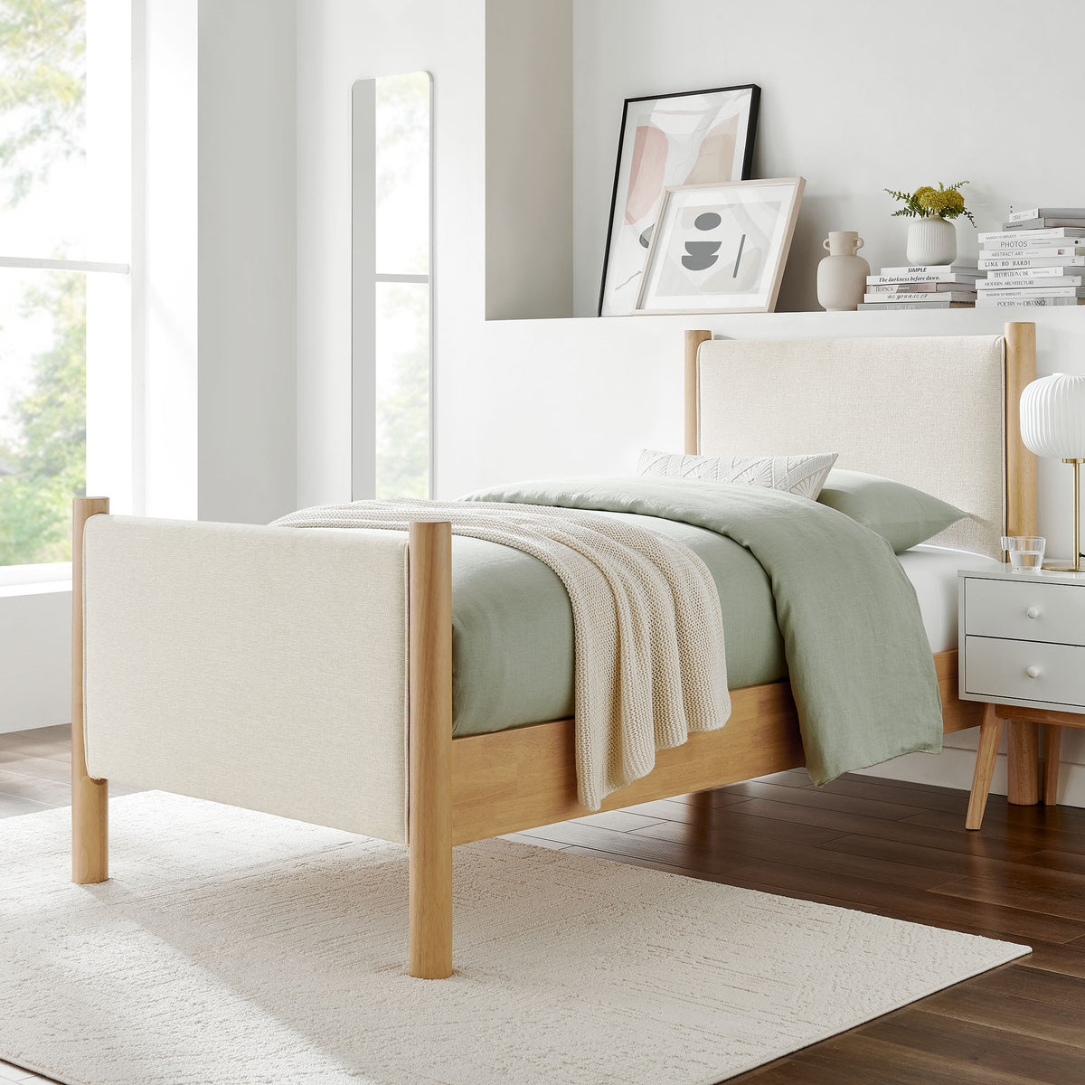 Maven Twin Size Fabric Upholstered Platform Bed - Ivory Oak