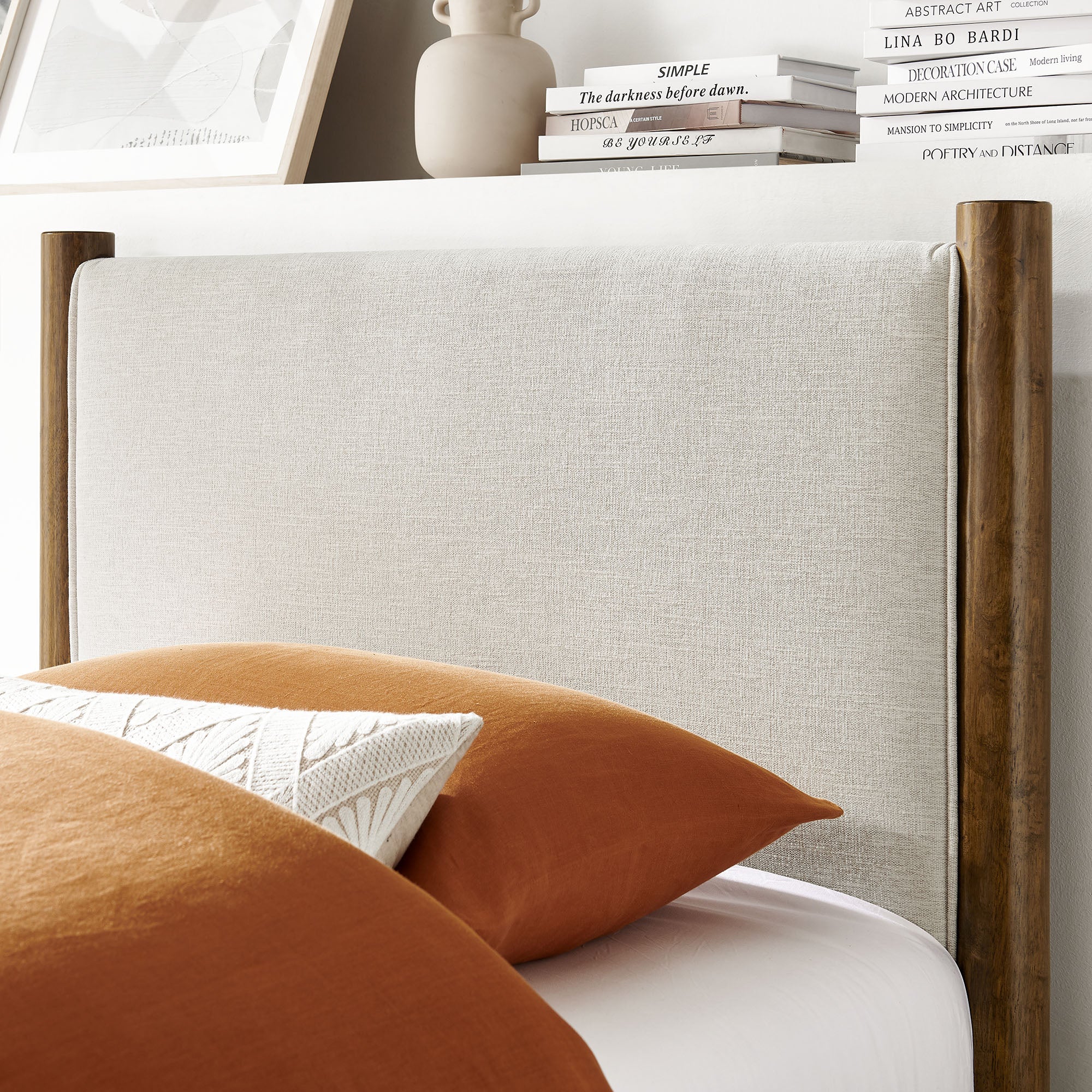 Maven Twin Size Fabric Upholstered Platform Bed - Ivory Walnut