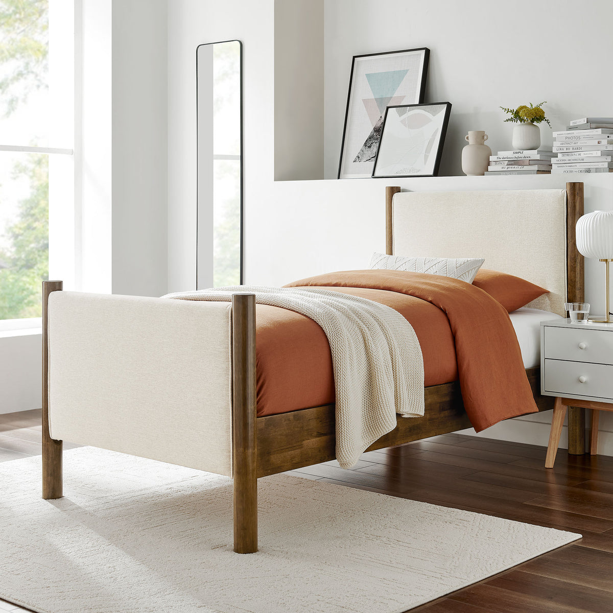 Maven Twin Size Fabric Upholstered Platform Bed - Ivory Walnut