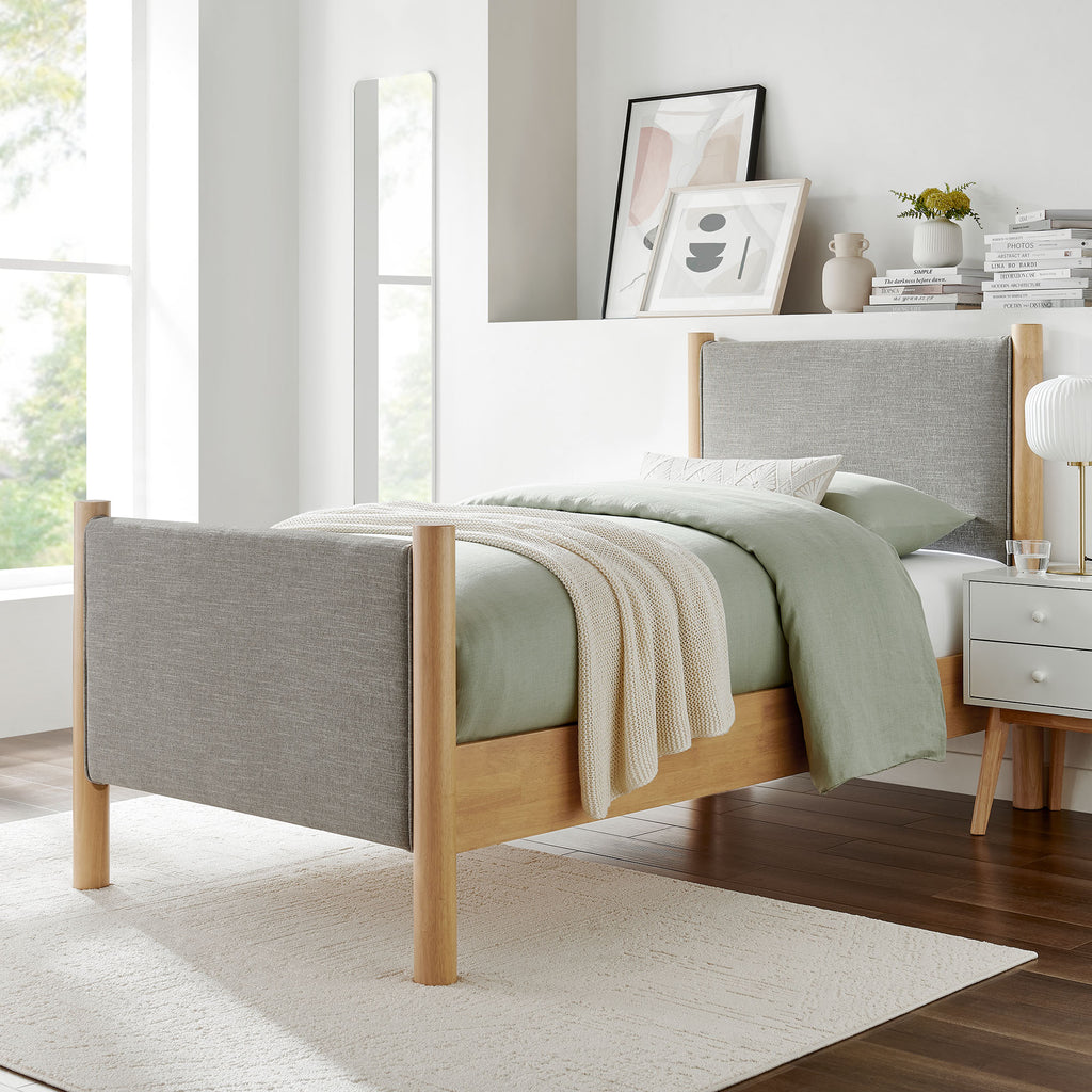 Maven Twin Size Fabric Upholstered Platform Bed - Wheat Oak