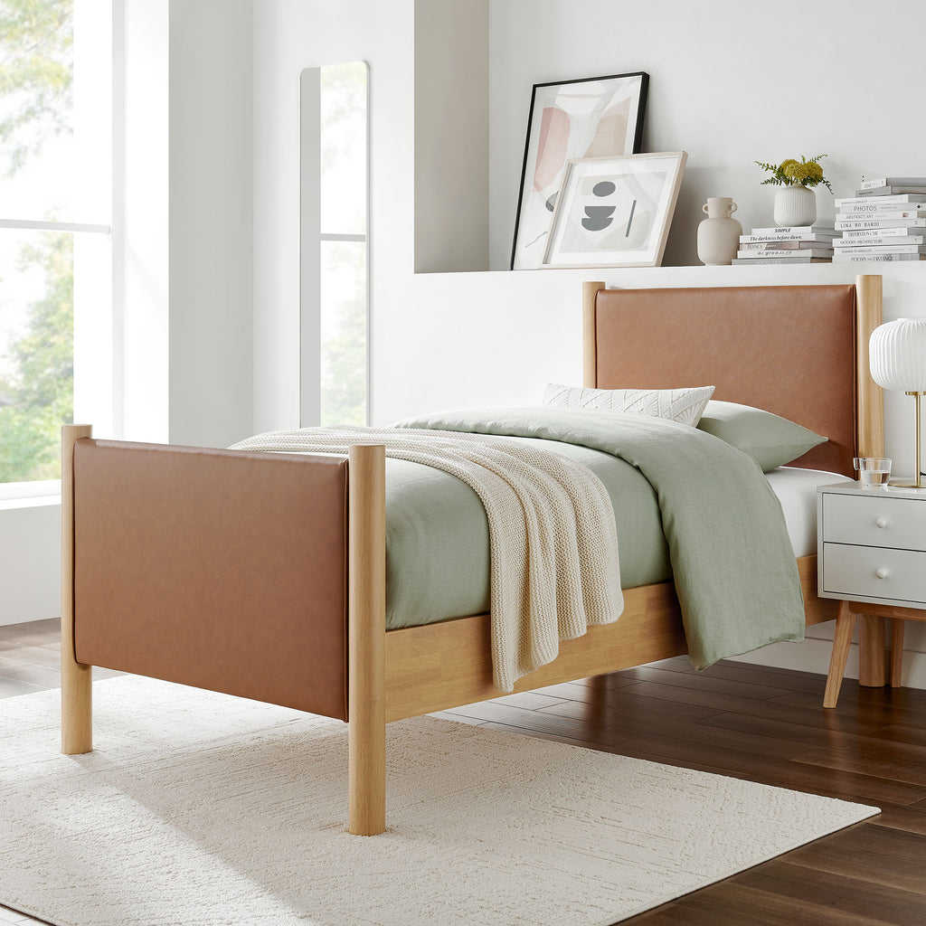 Maven Twin Size Vegan Leather Upholstered Platform Bed - Tan Oak