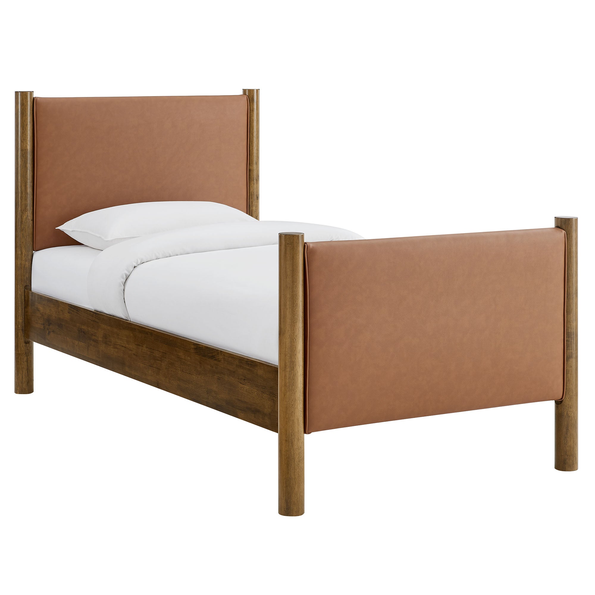 Maven Twin Size Vegan Leather Upholstered Platform Bed - Tan Walnut
