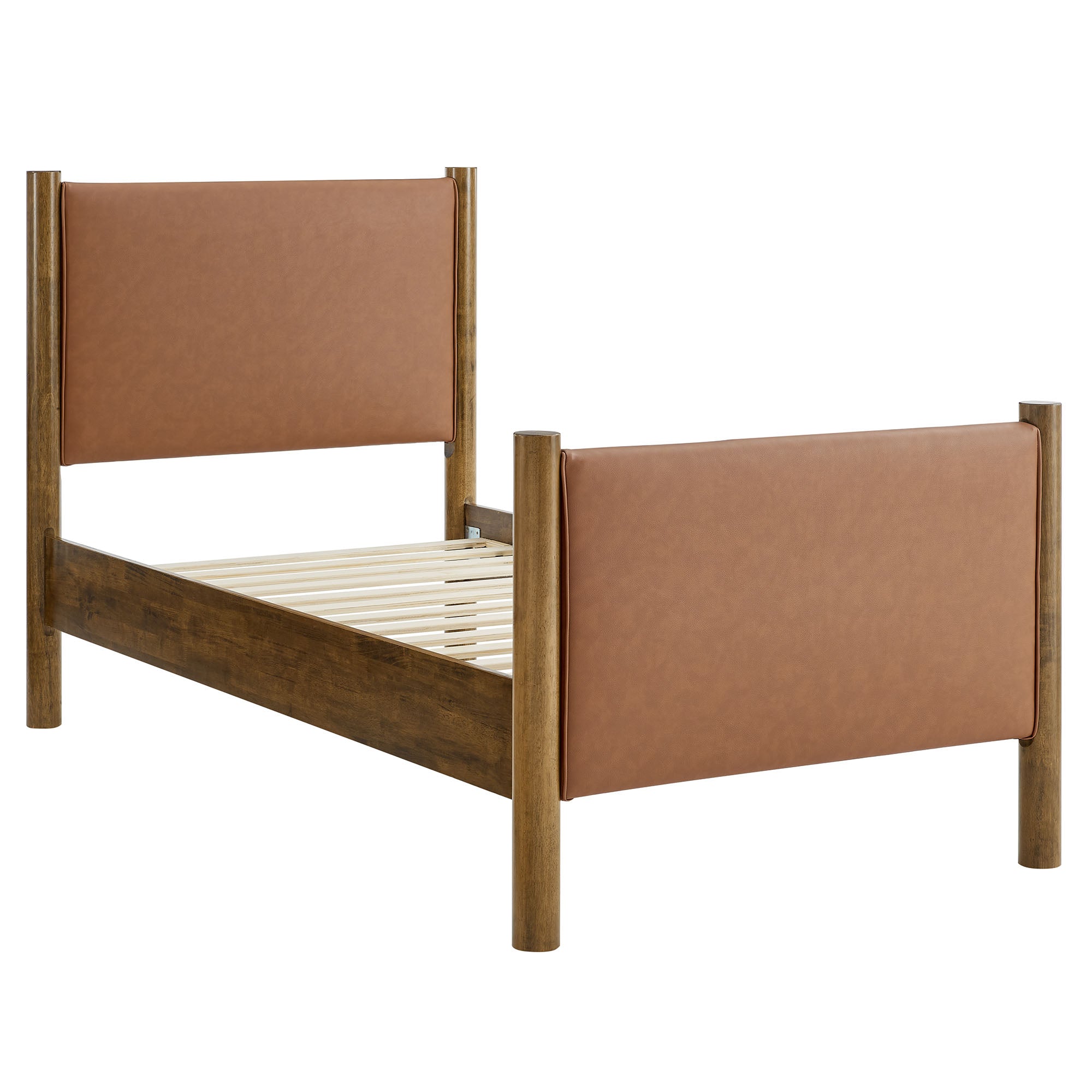 Maven Twin Size Vegan Leather Upholstered Platform Bed - Tan Walnut