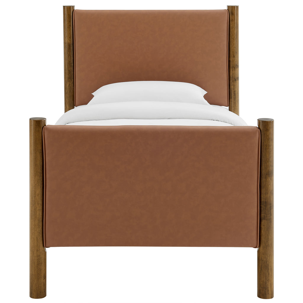 Maven Twin Size Vegan Leather Upholstered Platform Bed - Tan Walnut