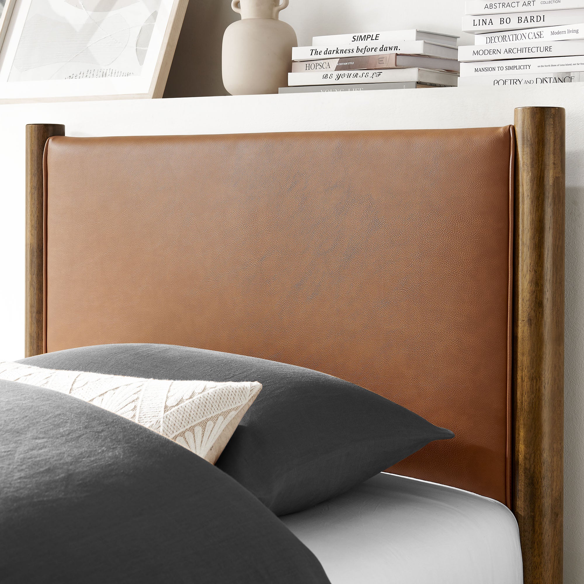 Maven Twin Size Vegan Leather Upholstered Platform Bed - Tan Walnut