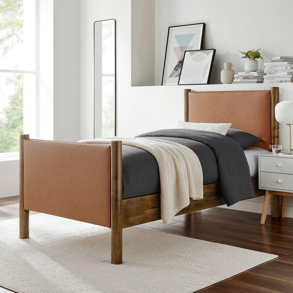 Maven Twin Size Vegan Leather Upholstered Platform Bed - Tan Walnut