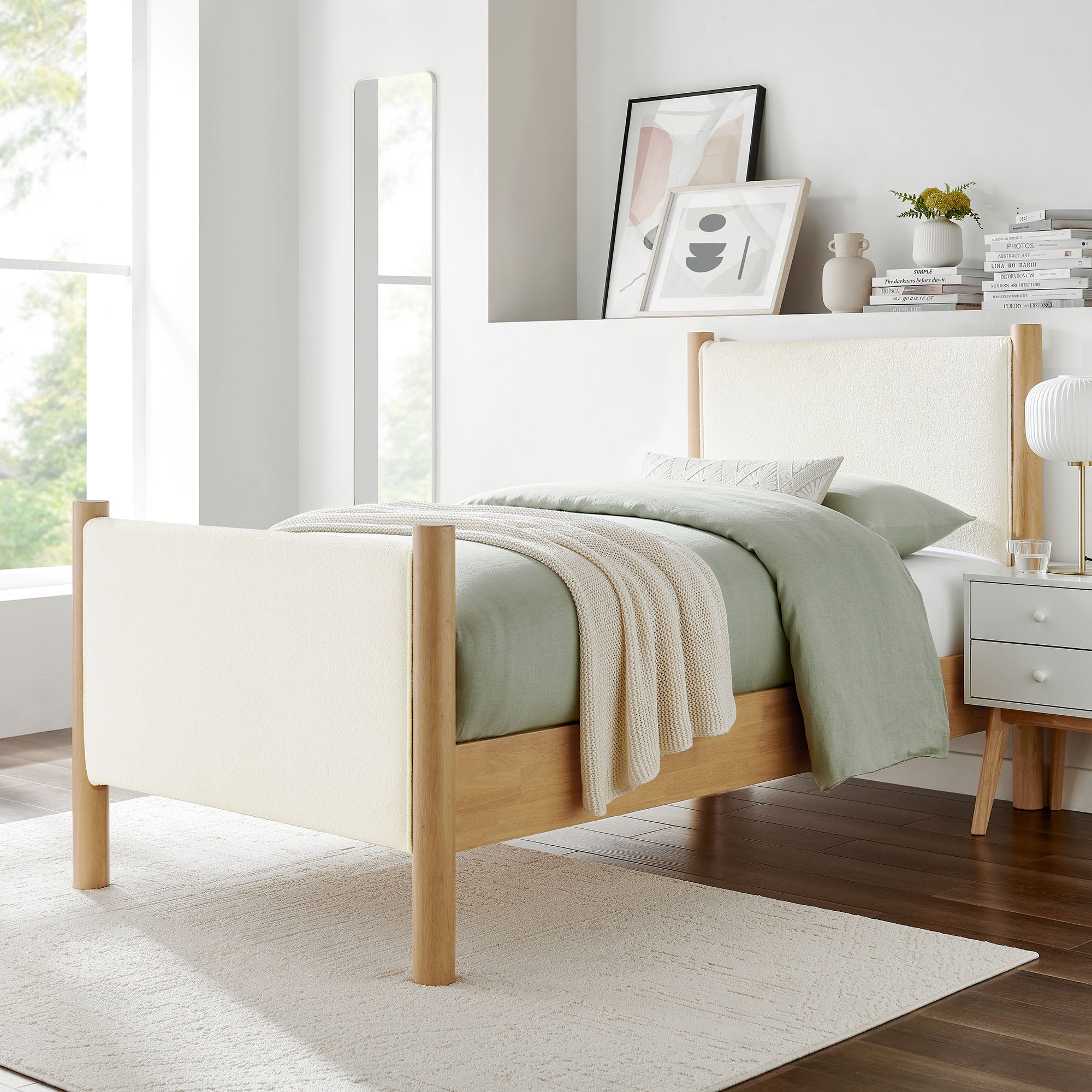 Maven Twin Size Boucle Upholstered Platform Bed - Feather Oak
