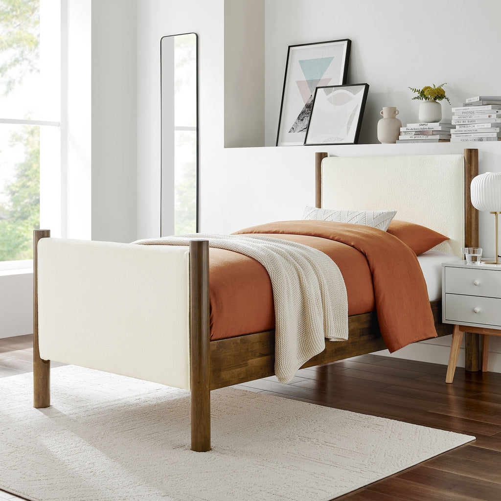 Maven Twin Size Boucle Upholstered Platform Bed - Feather Walnut