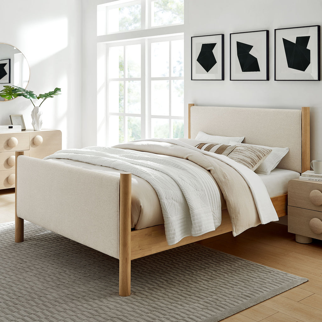 Maven Queen Size Fabric Upholstered Platform Bed - Ivory Oak
