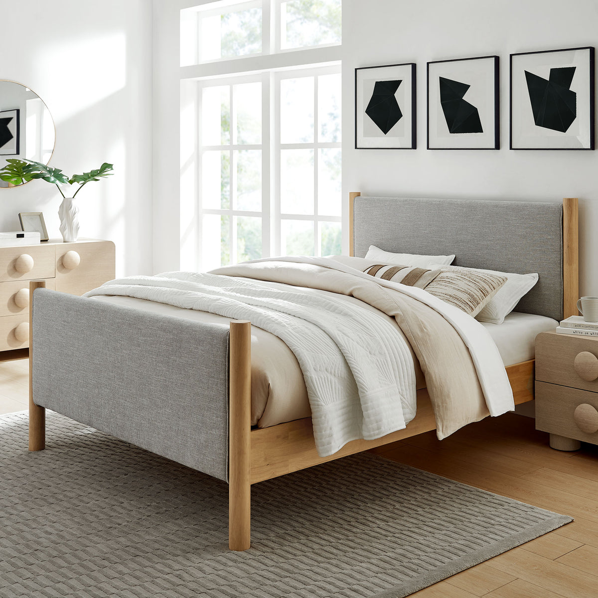 Maven Queen Size Fabric Upholstered Platform Bed - Wheat Oak