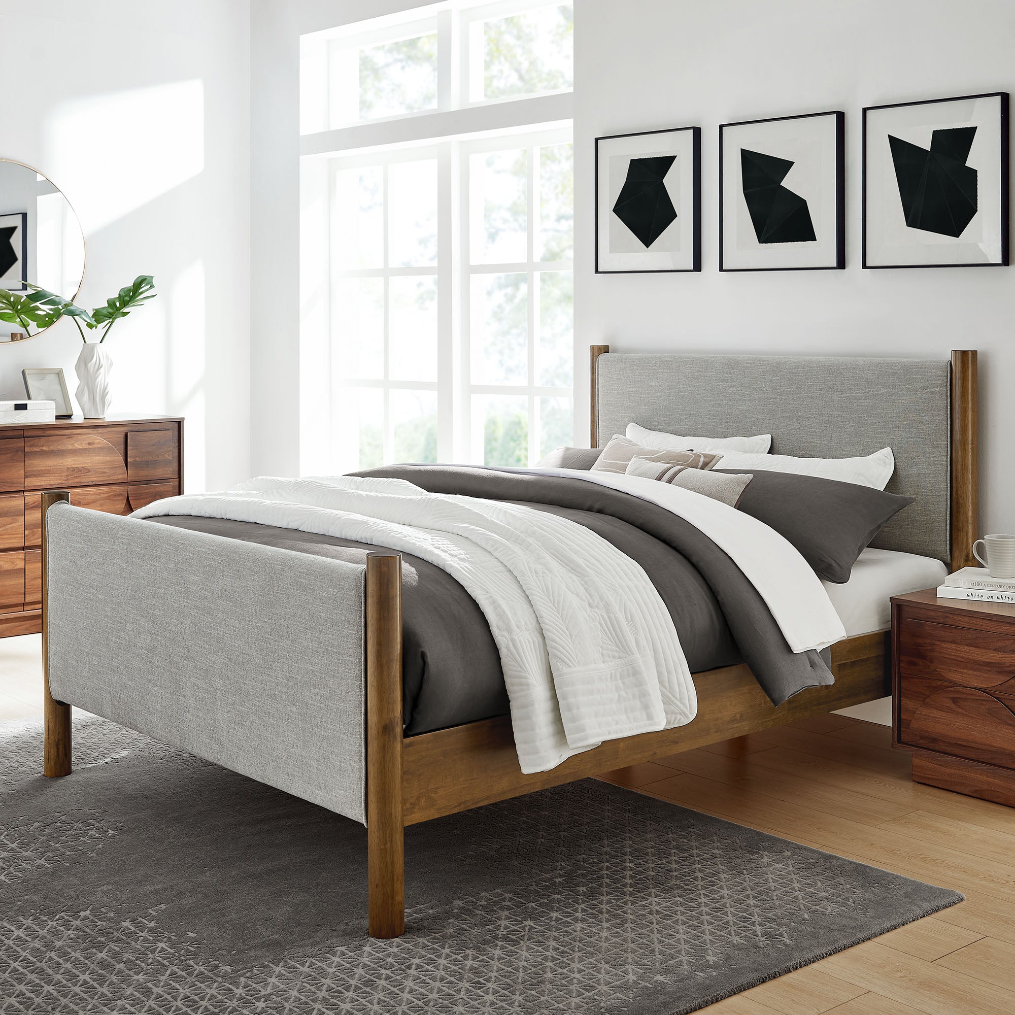 Maven Queen Size Fabric Upholstered Platform Bed - Wheat Walnut