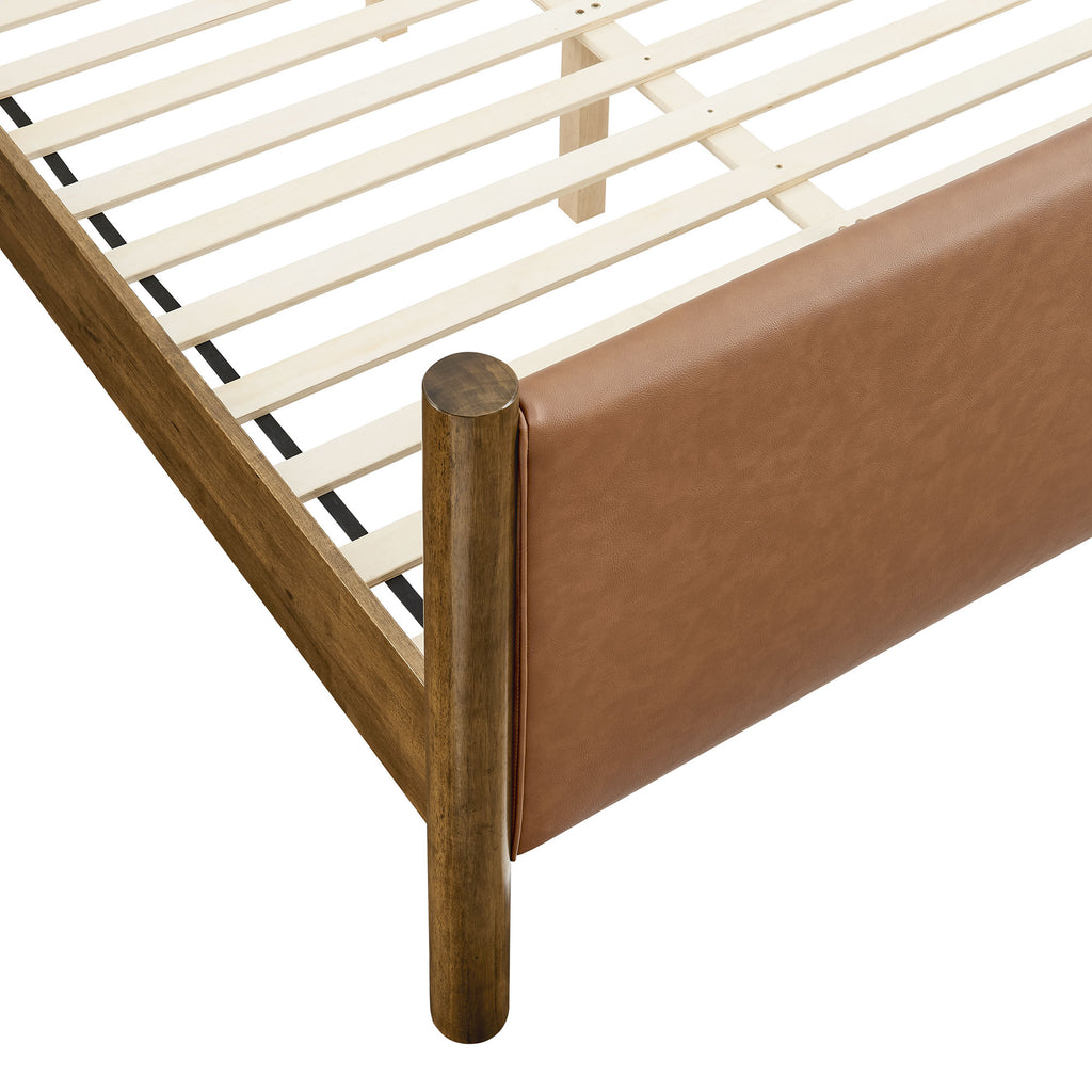 Maven Queen Size Vegan Leather Upholstered Platform Bed - Tan Walnut