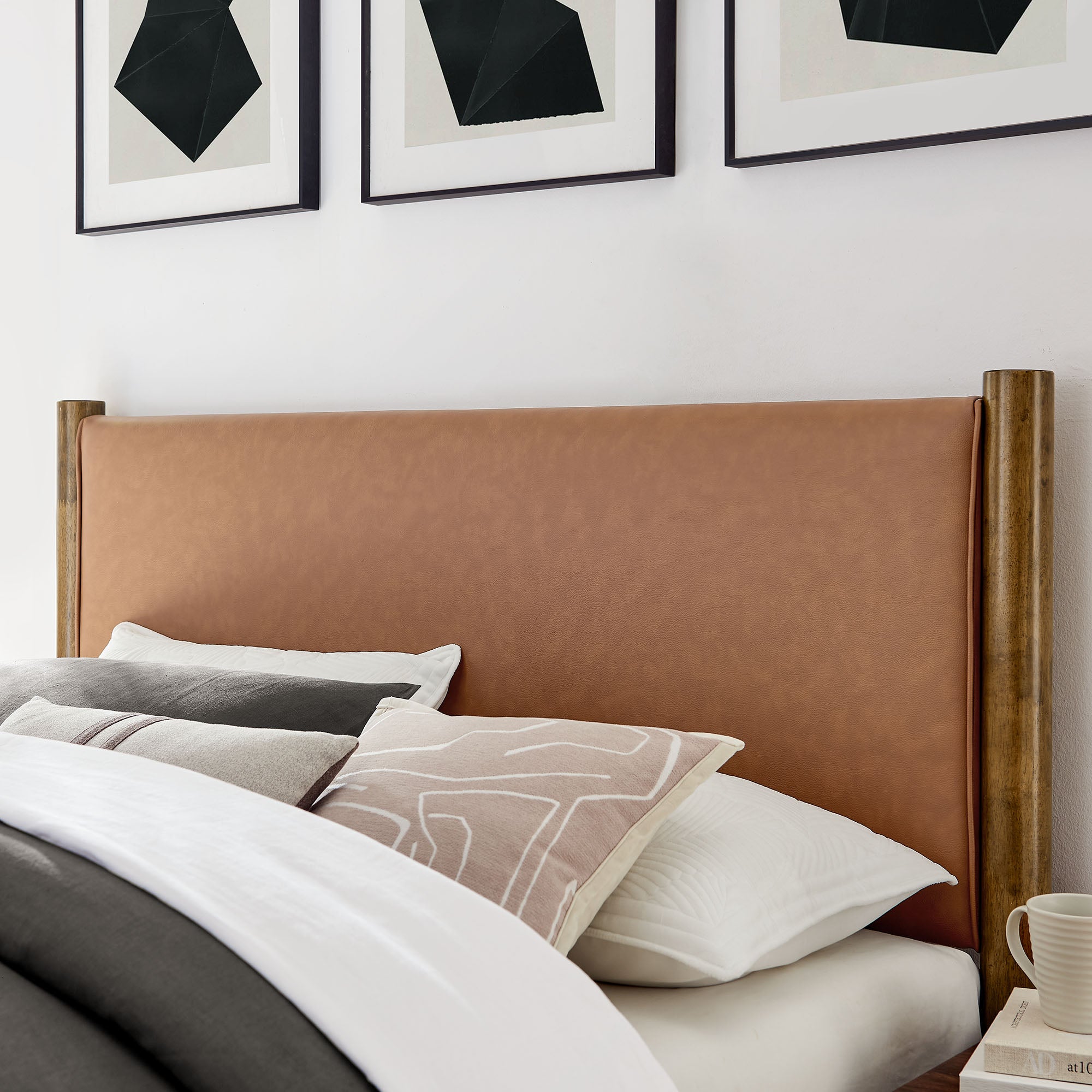 Maven King Size Vegan Leather Upholstered Platform Bed - Tan Walnut