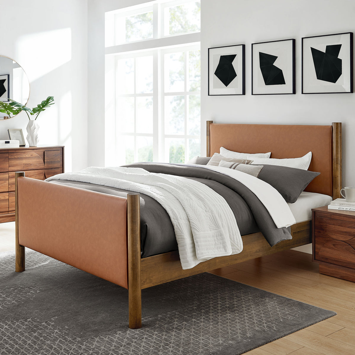 Maven King Size Vegan Leather Upholstered Platform Bed - Tan Walnut