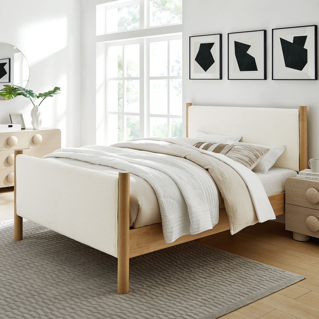 Maven King Size Boucle Upholstered Platform Bed - Feather Oak