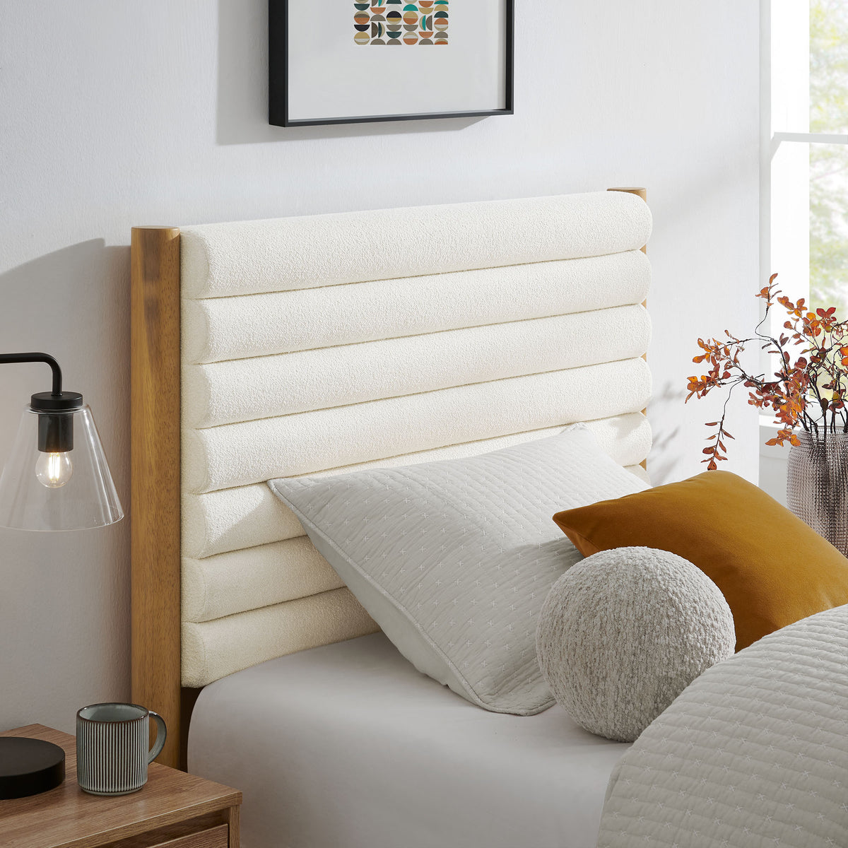 Olea Channel Tufted Boucle Solid Wood Twin Platform Bed - Feather Oak