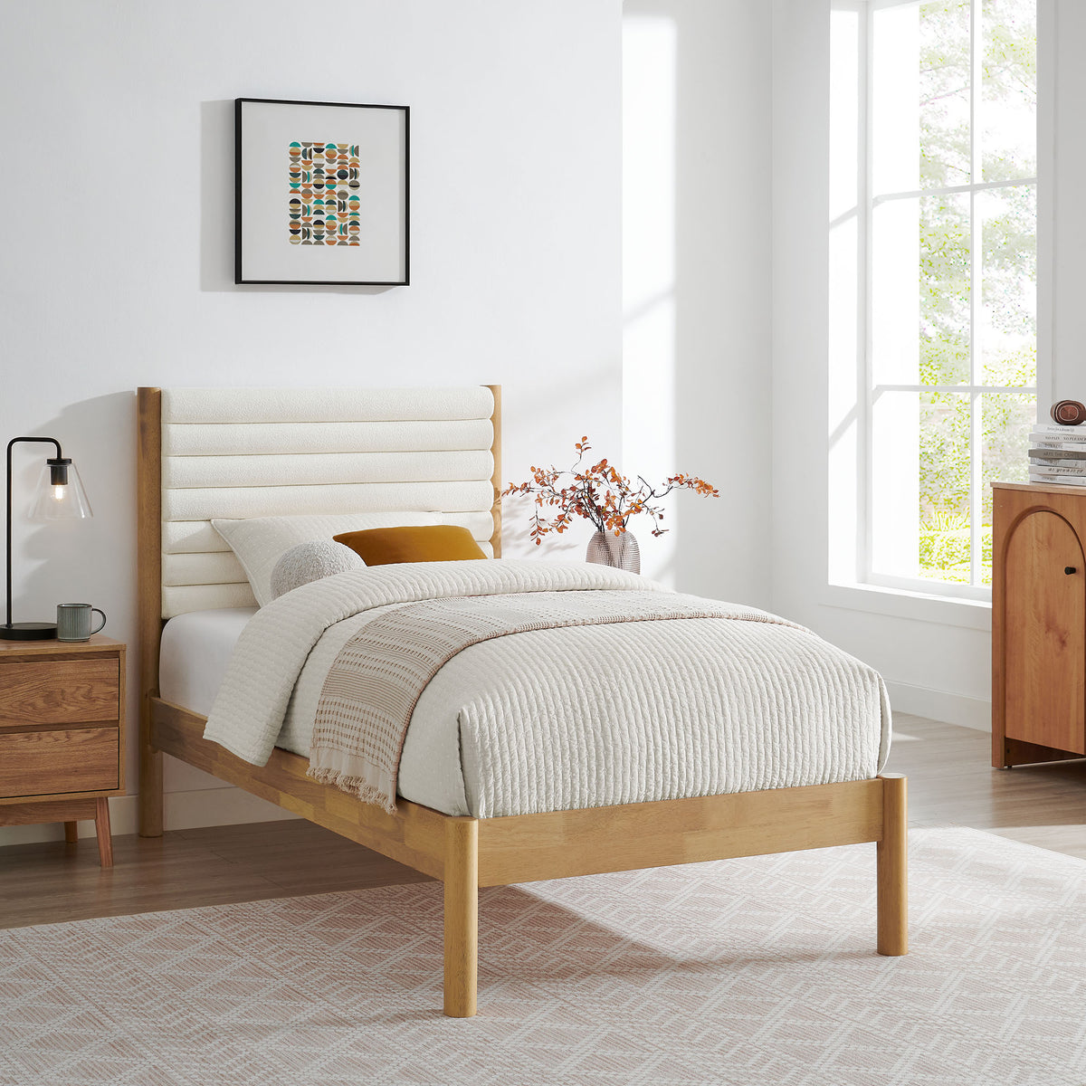 Olea Channel Tufted Boucle Solid Wood Twin Platform Bed - Feather Oak
