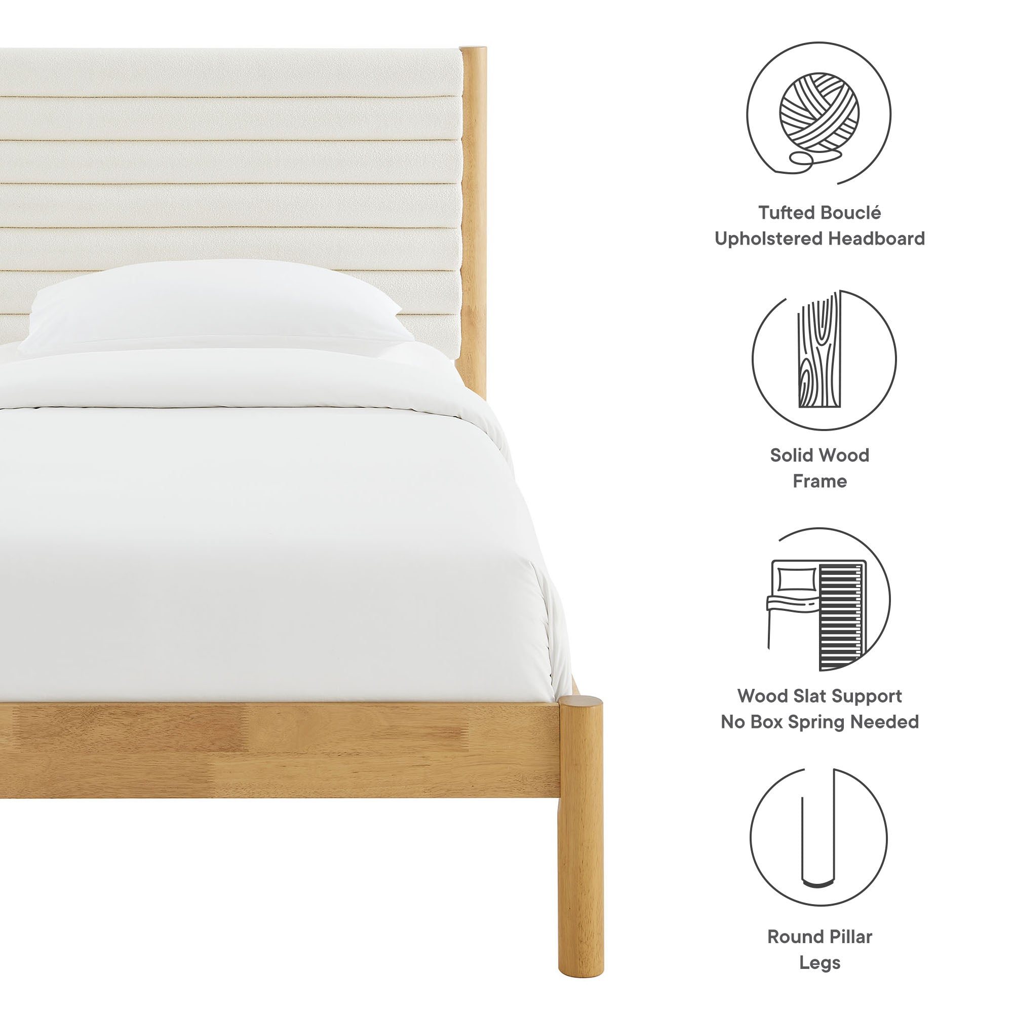 Olea Channel Tufted Boucle Solid Wood Twin Platform Bed - Feather Oak